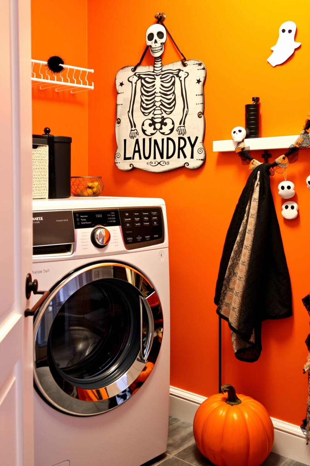 A whimsical laundry room featuring a skeleton laundry sign hanging above a modern washer. The walls are painted in a cheerful orange hue, adorned with playful Halloween decorations like ghostly garlands and pumpkin accents.