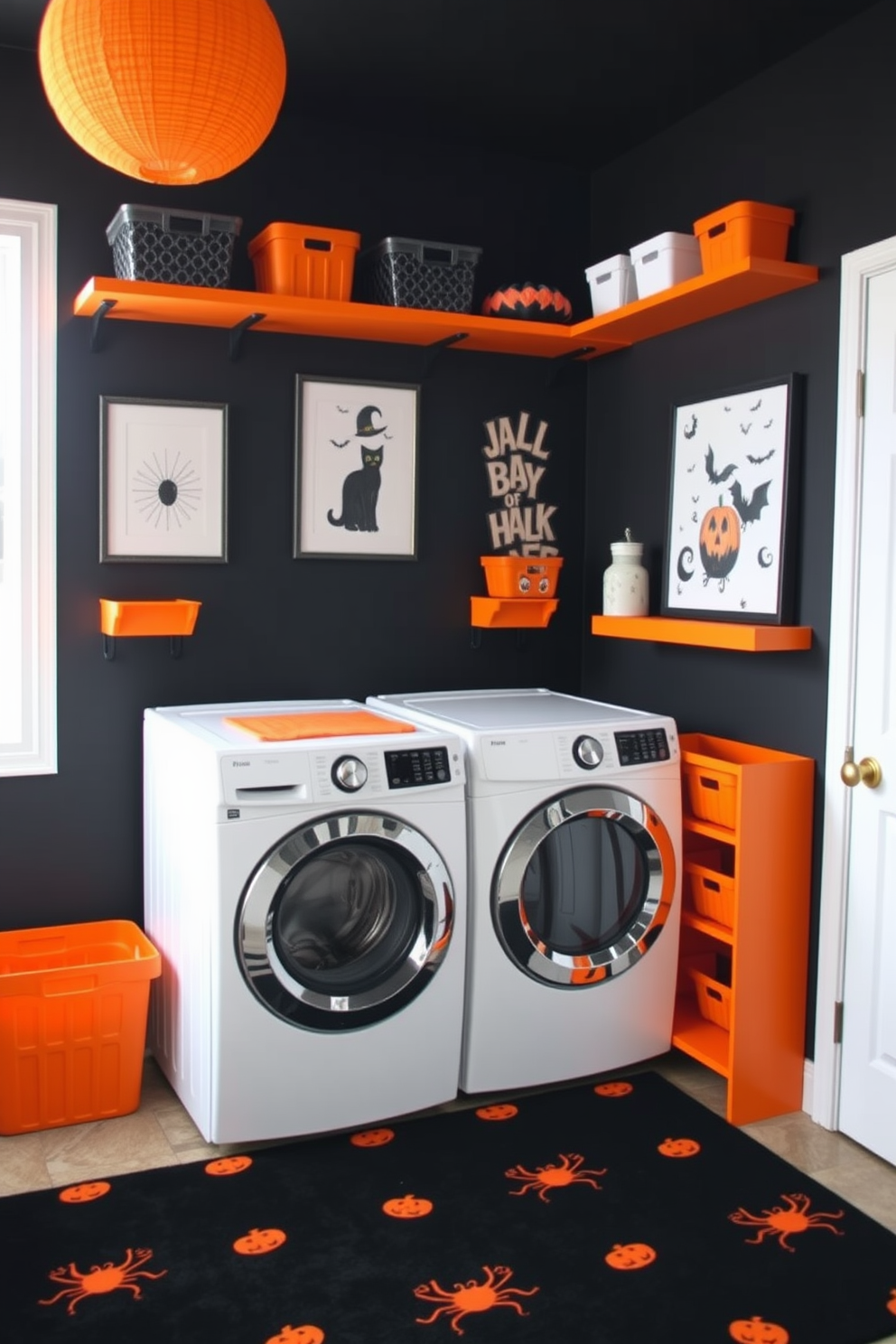 A laundry room designed with an orange and black color scheme creates a vibrant and festive atmosphere. The walls are painted a deep black, while orange accents are incorporated through storage bins and decorative elements. A stylish washer and dryer set is placed side by side, surrounded by orange shelves for added storage. Halloween-themed artwork adorns the walls, and a black rug with orange patterns lies on the floor to complete the look.