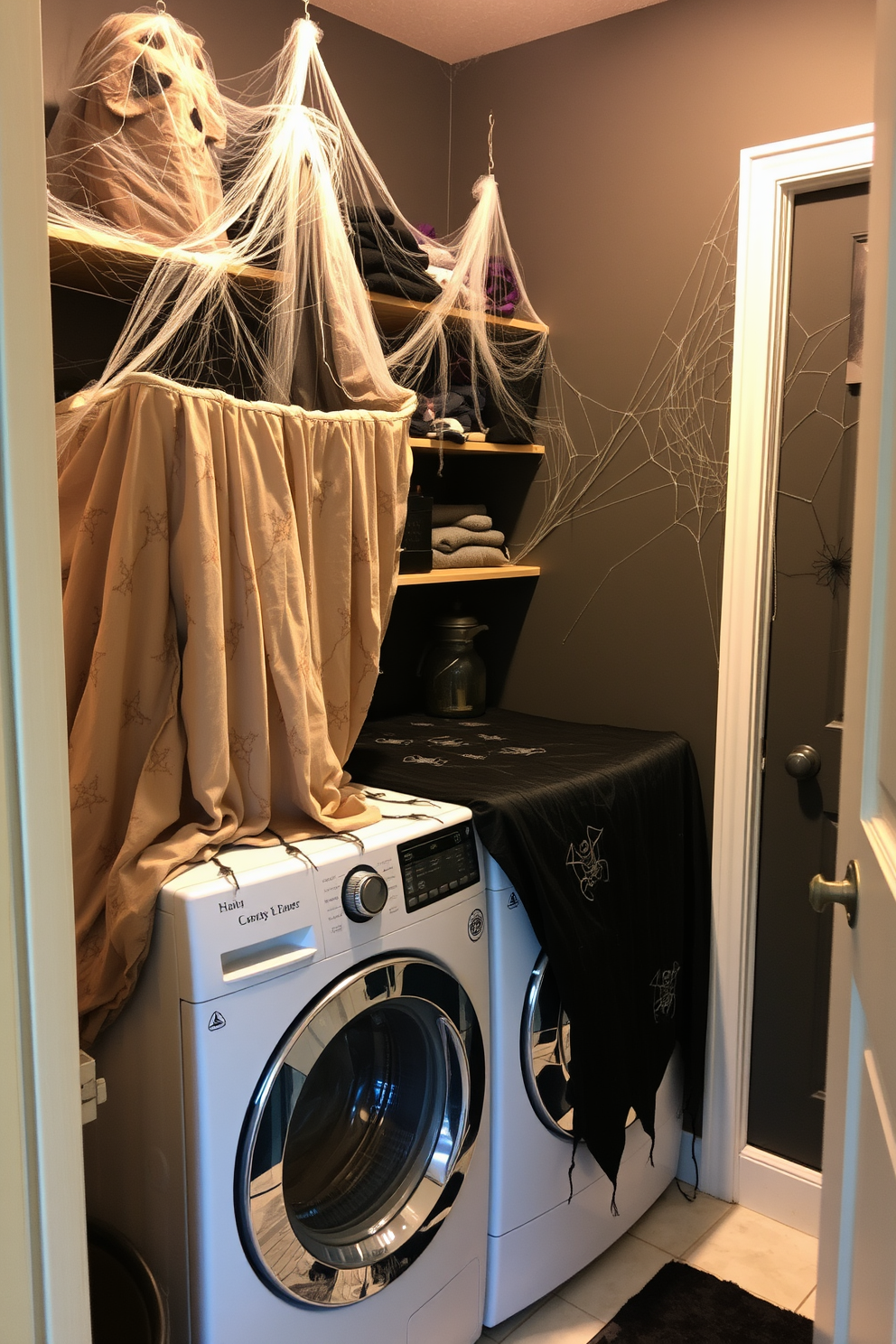 A Halloween-themed laundry room features appliances partially covered with creepy cloth that adds an eerie touch. The walls are painted in a dark shade, and cobwebs are strategically placed in the corners for a spooky atmosphere.