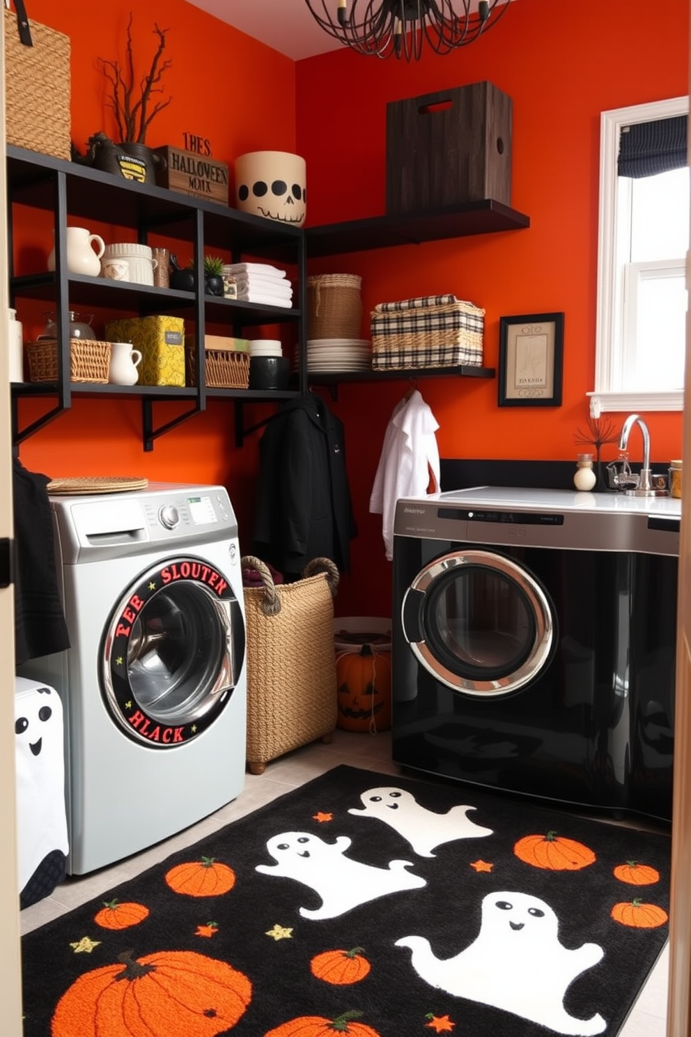 A whimsical Halloween-themed laundry room features a vibrant rug adorned with playful ghosts and pumpkins. The walls are painted in a deep orange hue, complemented by black shelving filled with seasonal decorations and laundry essentials.