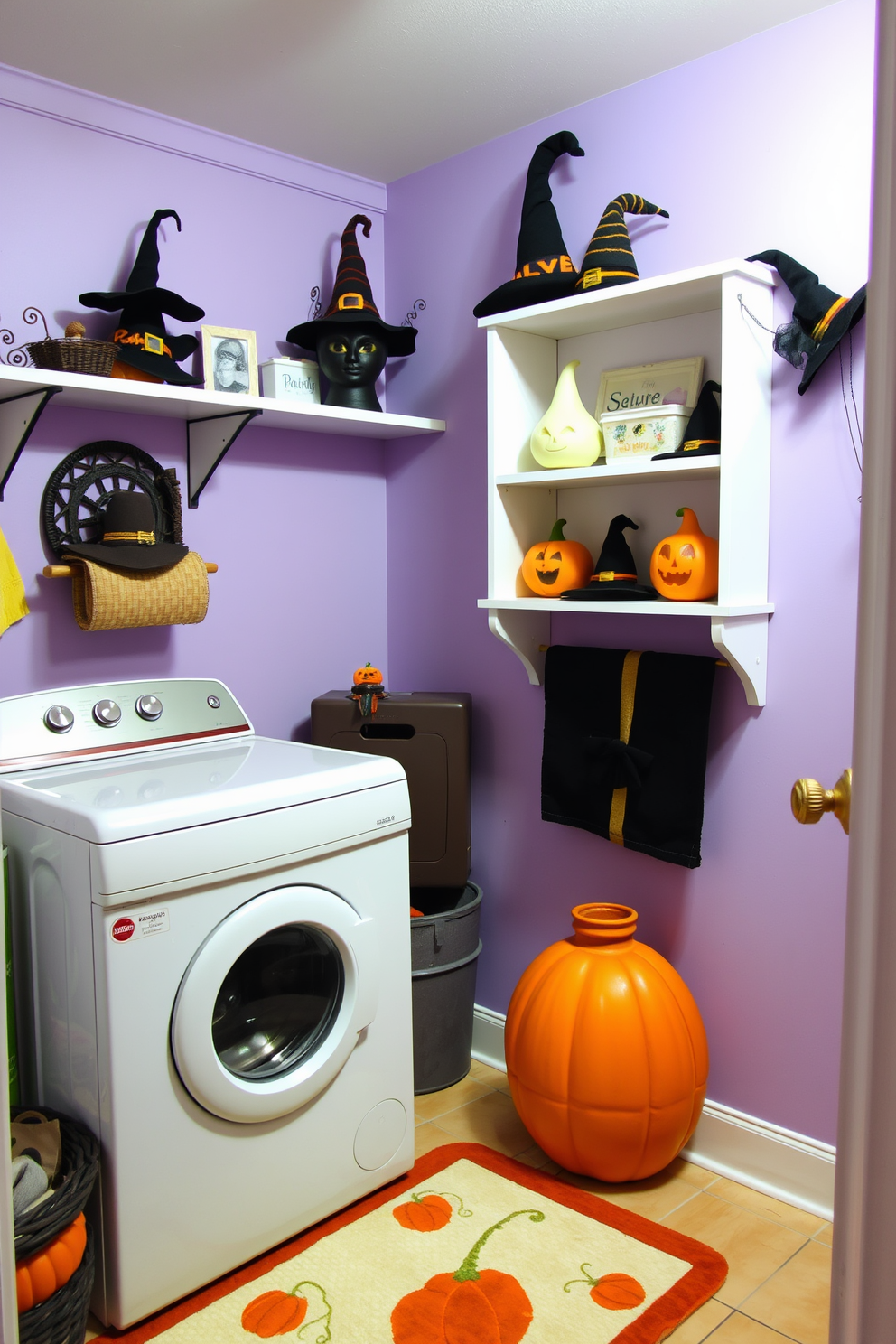 A whimsical laundry room adorned with Halloween-themed witch hat decor displayed on open shelves. The walls are painted in a soft lavender hue, and a cozy rug with pumpkin motifs lies beneath a vintage washing machine.