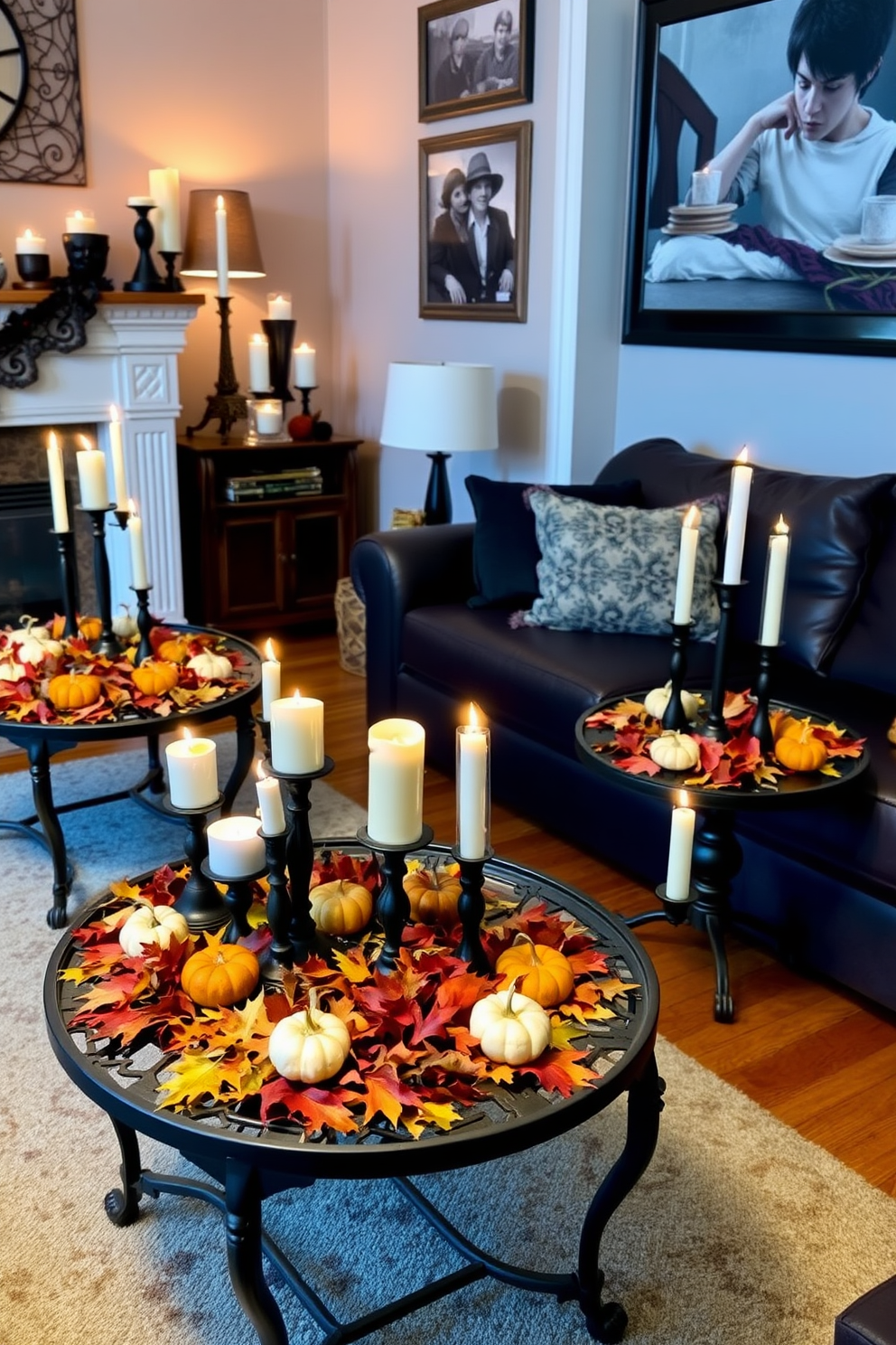 A cozy living room adorned for Halloween features several tables with spooky candle arrangements. Each table showcases an assortment of candles in various heights, surrounded by autumn leaves and small decorative pumpkins.