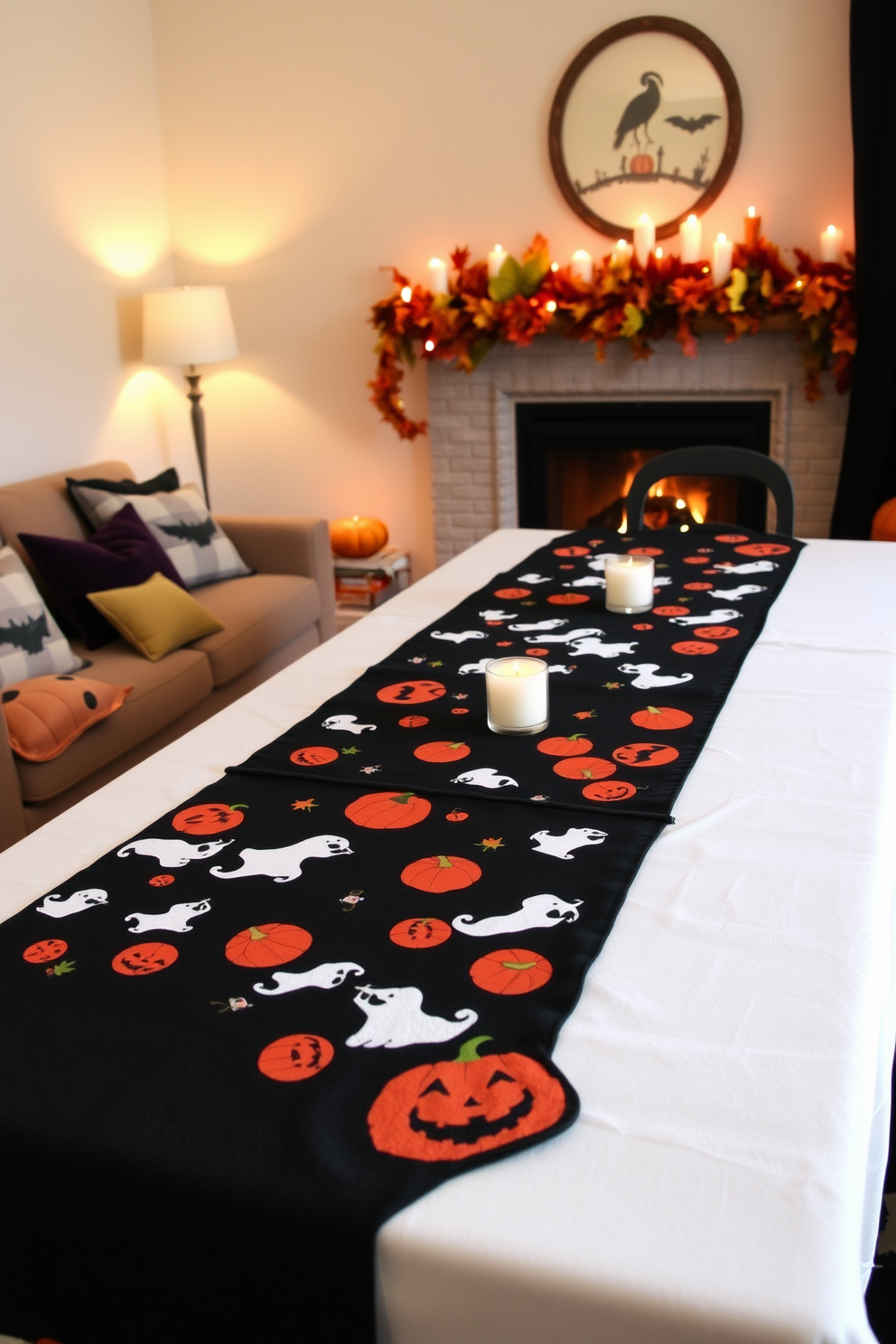 A cozy Halloween-themed living room features a long table adorned with spooky table runners and cloths. The runners are decorated with playful ghosts and pumpkins, creating a festive atmosphere for gatherings. In the background, a warm fireplace is dressed with autumn leaves and flickering candles. Plush cushions with Halloween motifs are scattered across the seating area, inviting guests to relax and enjoy the seasonal decor.