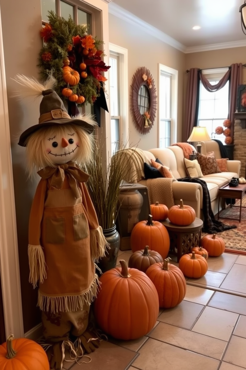 Charming scarecrows are positioned near the entrance, welcoming guests with their playful presence. The living room is adorned with festive Halloween decorations, featuring cozy throws and pumpkins scattered throughout.