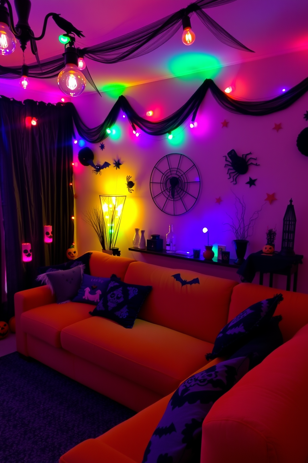 A cozy Halloween-themed living room adorned with mood lighting from colored LED bulbs. The walls are draped with spooky decorations, and a plush orange sofa is accented with black and purple throw pillows.