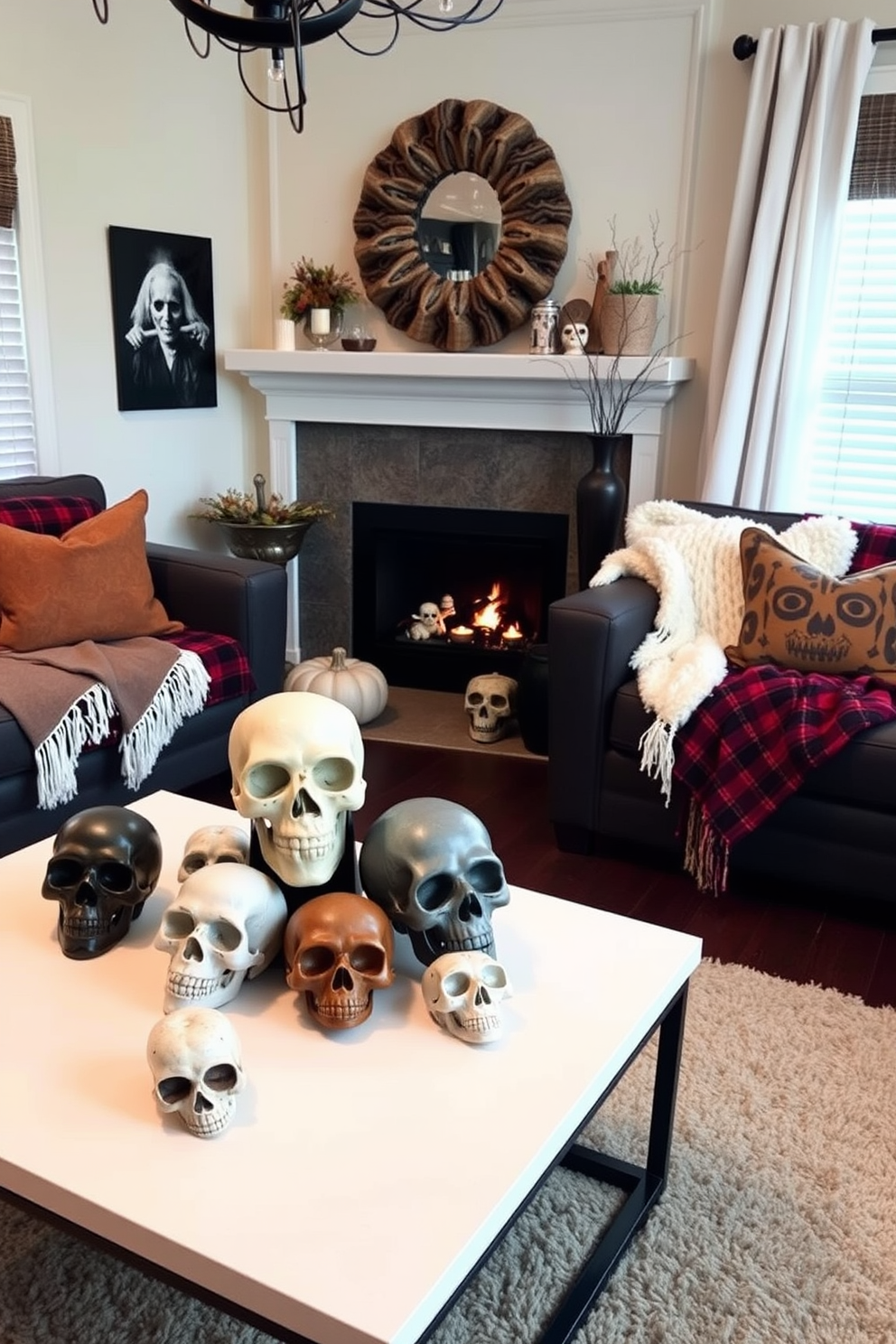 A stylish living room decorated for Halloween features a modern coffee table adorned with decorative skulls in various sizes and finishes. The surrounding decor includes cozy throws and seasonal accents that create a warm yet spooky atmosphere.