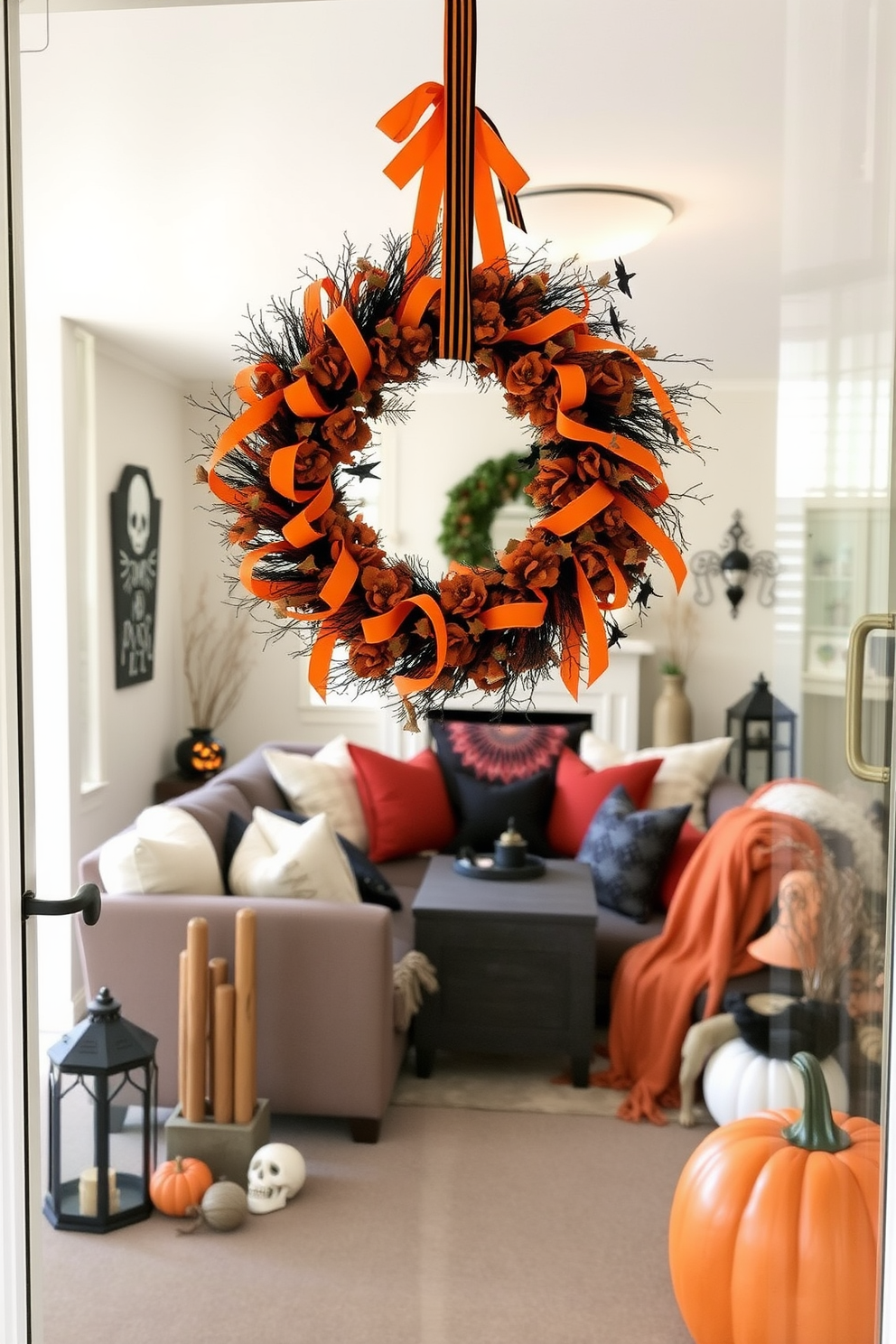 A festive wreath adorned with orange and black ribbons hangs prominently on the front door. Inside, the living room features a cozy arrangement of plush cushions and throws in autumnal colors, complemented by spooky decorations scattered throughout the space.