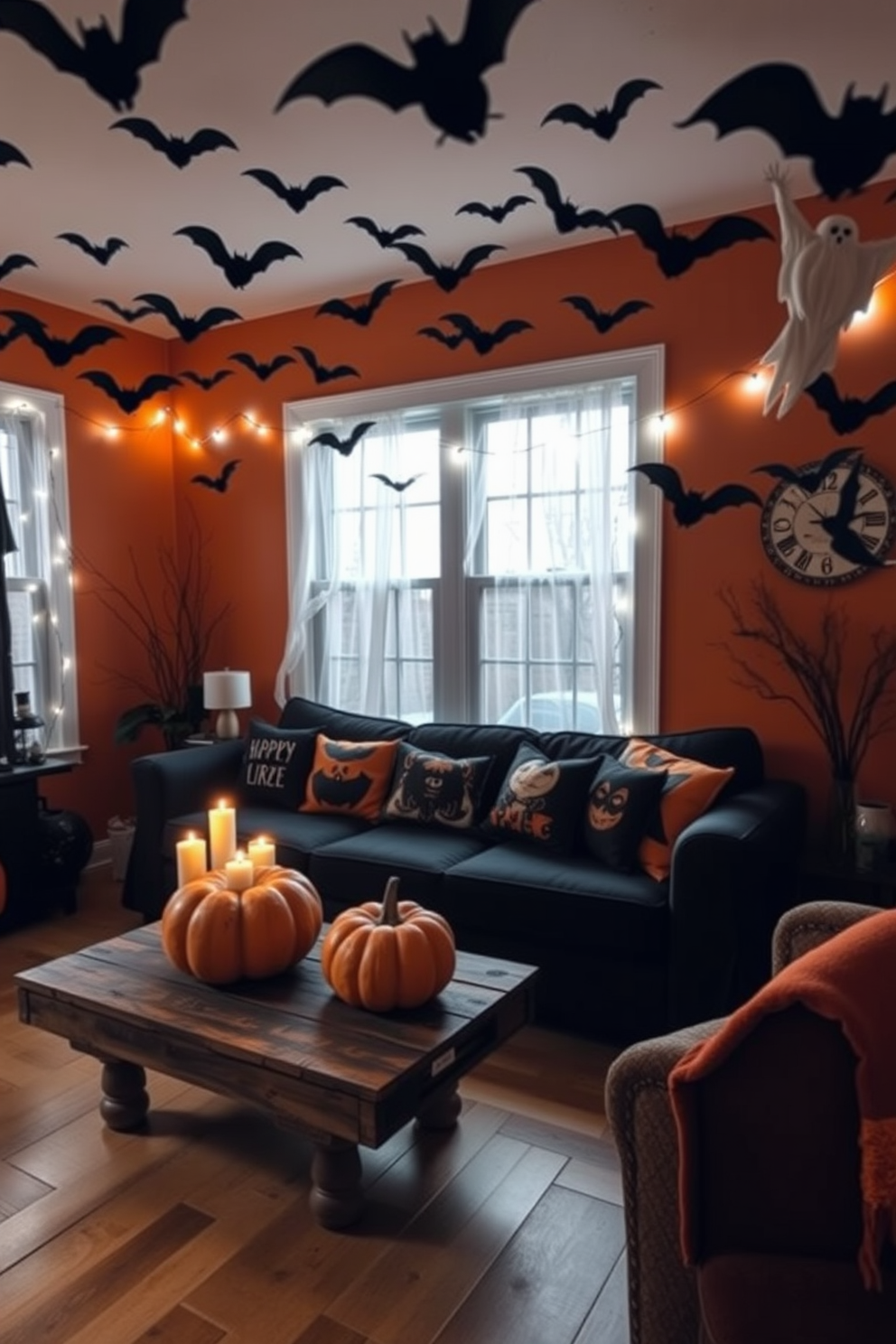 A cozy Halloween living room adorned with hanging bats from the ceiling. The walls are painted in deep orange, and a plush black sofa is decorated with spooky-themed cushions. A large pumpkin sits on a rustic wooden coffee table, surrounded by flickering candles. Ghostly string lights drape across the windows, casting an eerie glow throughout the space.