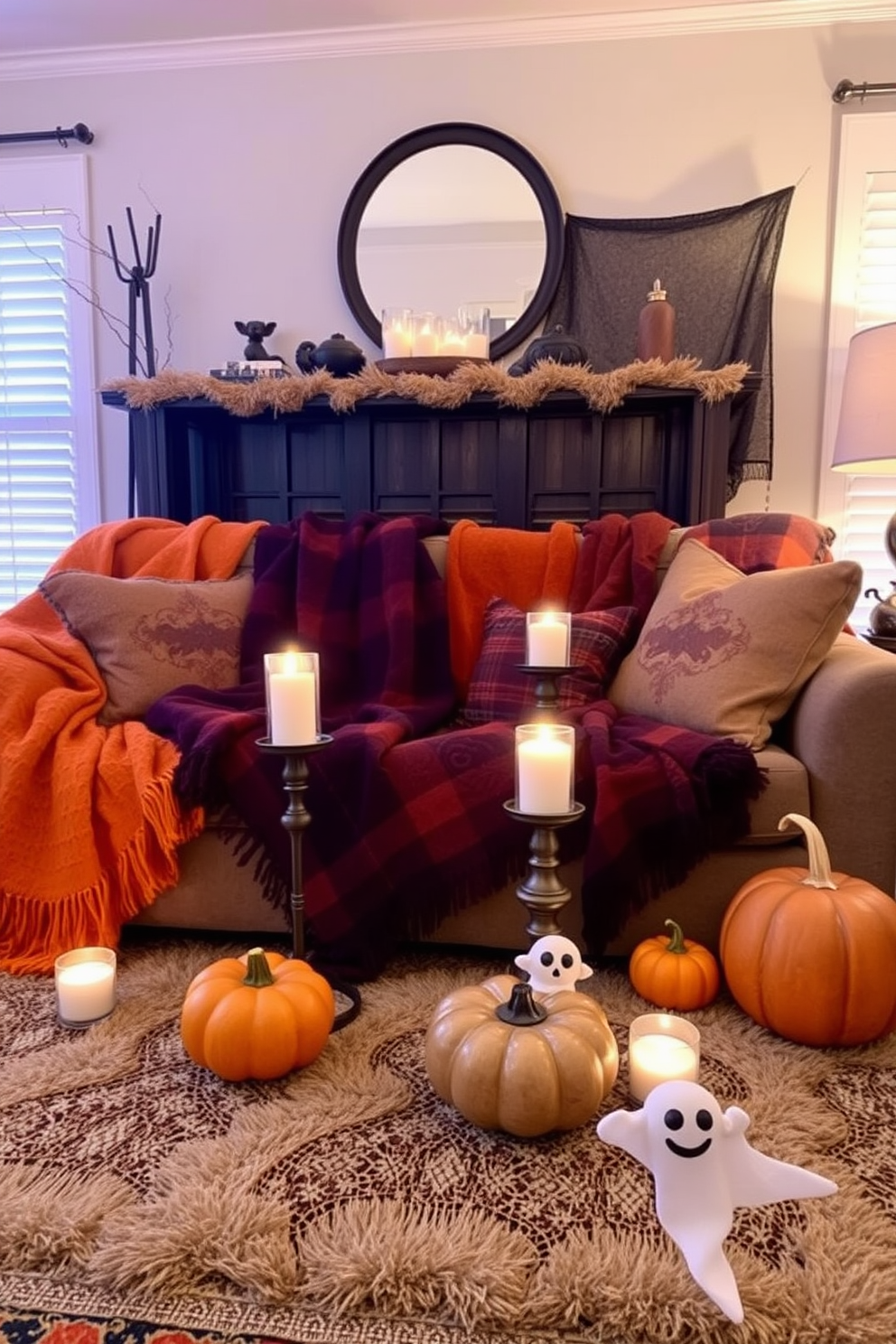 A cozy living room adorned for Halloween features seasonal blankets in rich shades of orange and deep purple draped over a plush sofa. Flickering candles in decorative holders cast a warm glow, while playful pumpkins and ghostly accents add a whimsical touch to the festive atmosphere.