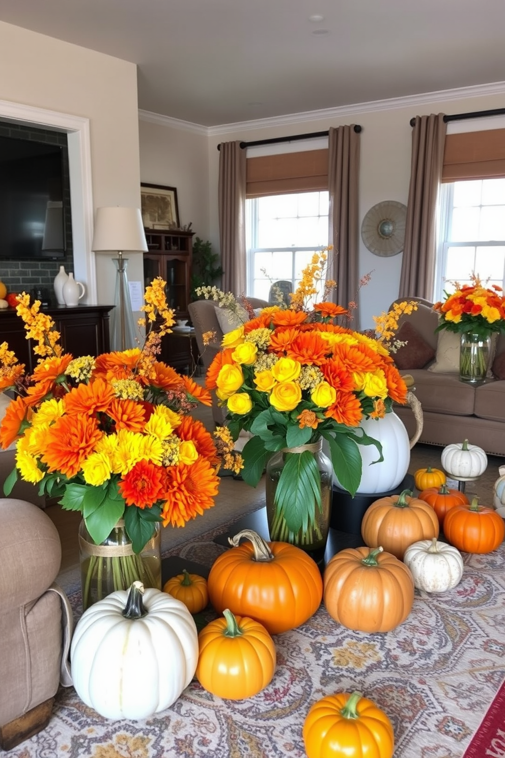 A cozy living room adorned with autumn floral arrangements featuring vibrant orange and yellow blooms. Scattered throughout the space are decorative pumpkins of various sizes, adding a festive touch to the seasonal decor.