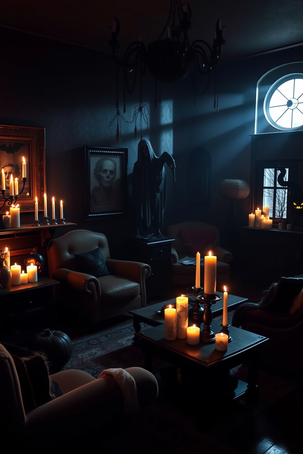 A Halloween-themed living room adorned with creepy candles casting flickering shadows. The room features dark, moody colors with a mix of vintage furniture and spooky decorations.