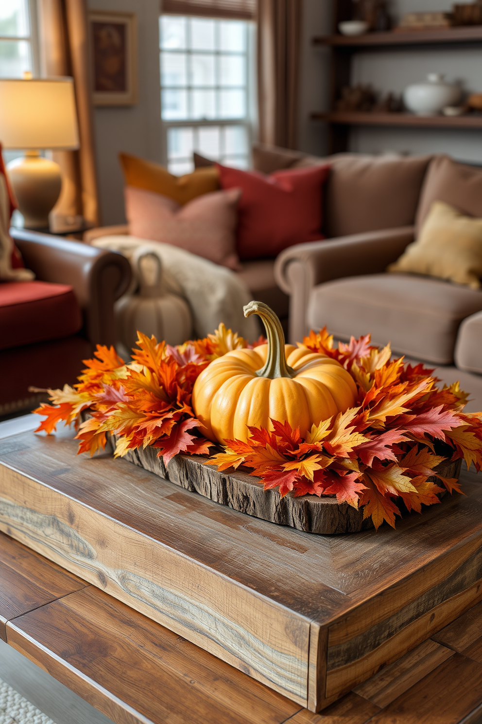 A cozy living room adorned with a pumpkin centerpiece surrounded by vibrant autumn leaves. Soft, warm lighting casts a gentle glow on the rustic coffee table, enhancing the seasonal decor.