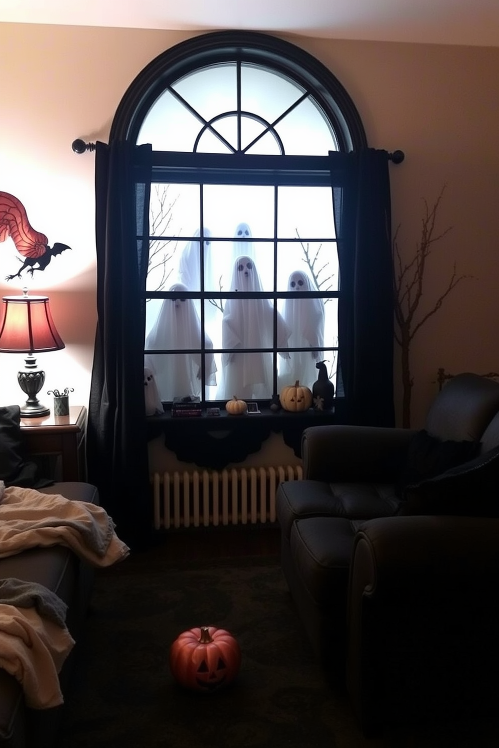 A cozy Halloween-themed living room featuring ghostly figures subtly displayed in the window. The room is adorned with dark, rich colors and soft lighting to create an eerie yet inviting atmosphere.