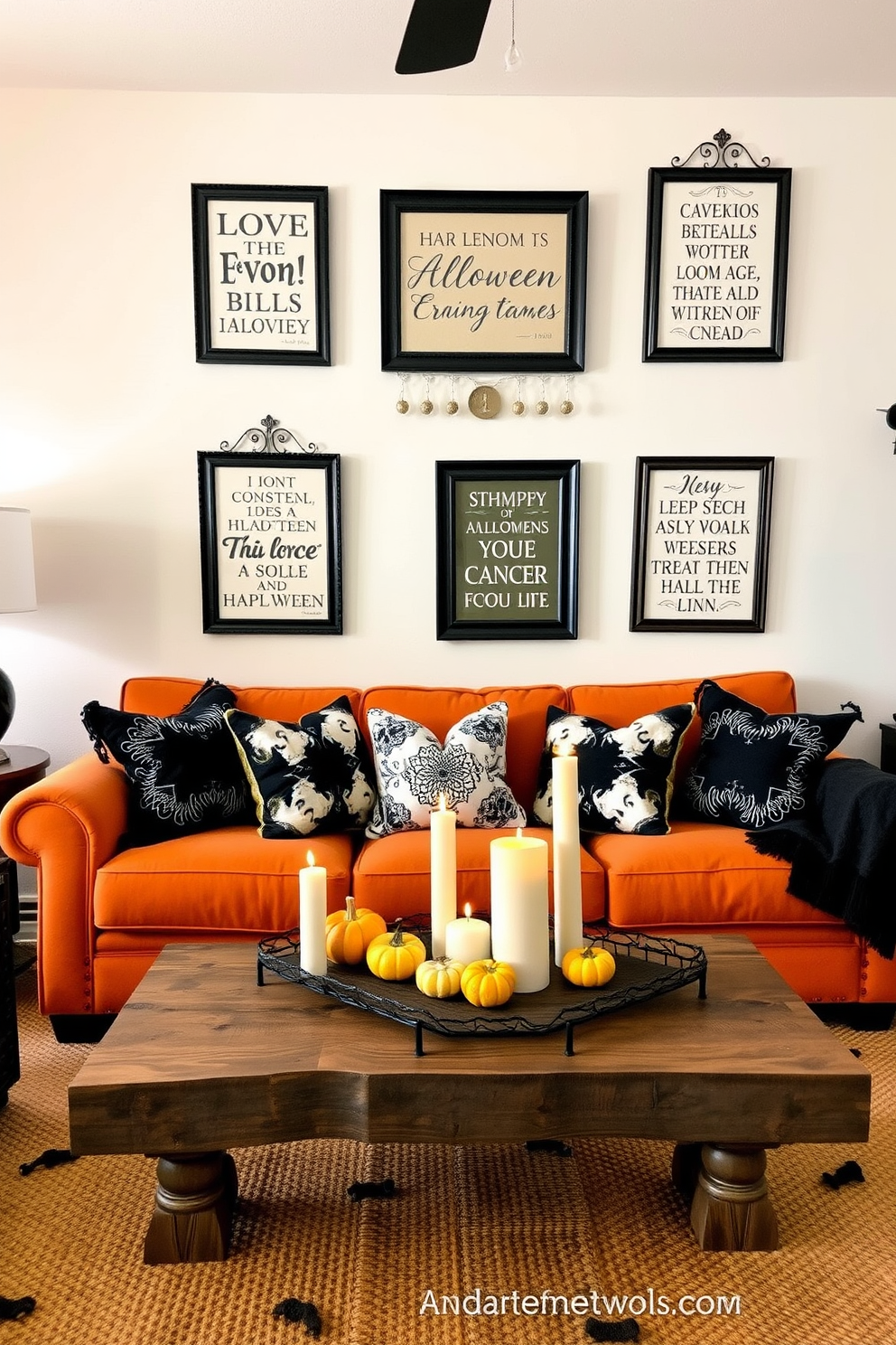 A cozy Halloween-themed living room adorned with spooky quotes framed in vintage black frames on the walls. The room features a plush orange sofa with black and white throw pillows, complemented by a rustic coffee table decorated with miniature pumpkins and flickering candles.