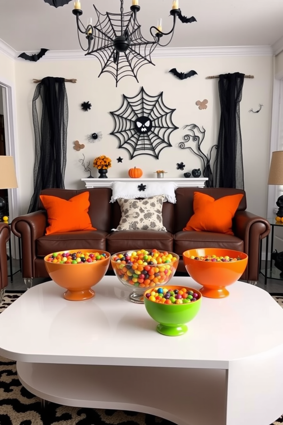 A vibrant Halloween-themed living room adorned with colorful candy bowls placed on a stylish coffee table. The room features cozy seating with orange and black throw pillows, and spooky decorations hanging from the walls.