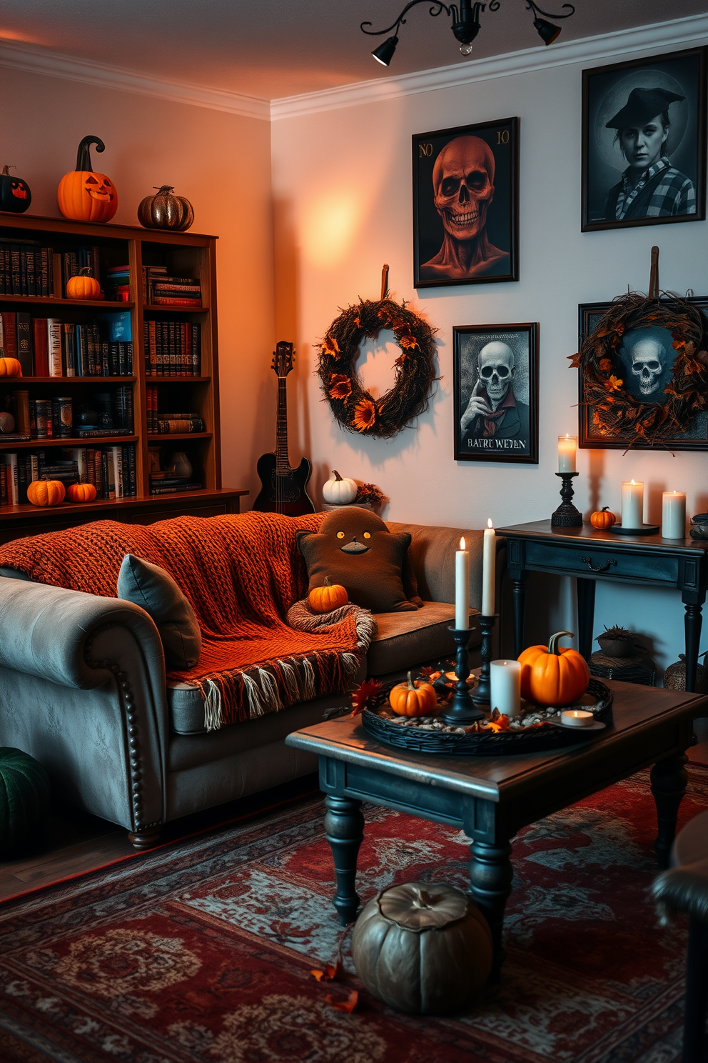 A cozy Halloween-themed living room featuring a vintage bookshelf filled with classic horror novels and decorative pumpkins. Soft, warm lighting casts shadows on the walls adorned with spooky artwork, creating an inviting yet eerie atmosphere. A plush, vintage sofa is draped with a knitted blanket in autumn colors, while a coffee table is adorned with candles and themed decor. The room is accented with a wreath made of dried leaves and a vintage rug that ties the space together.