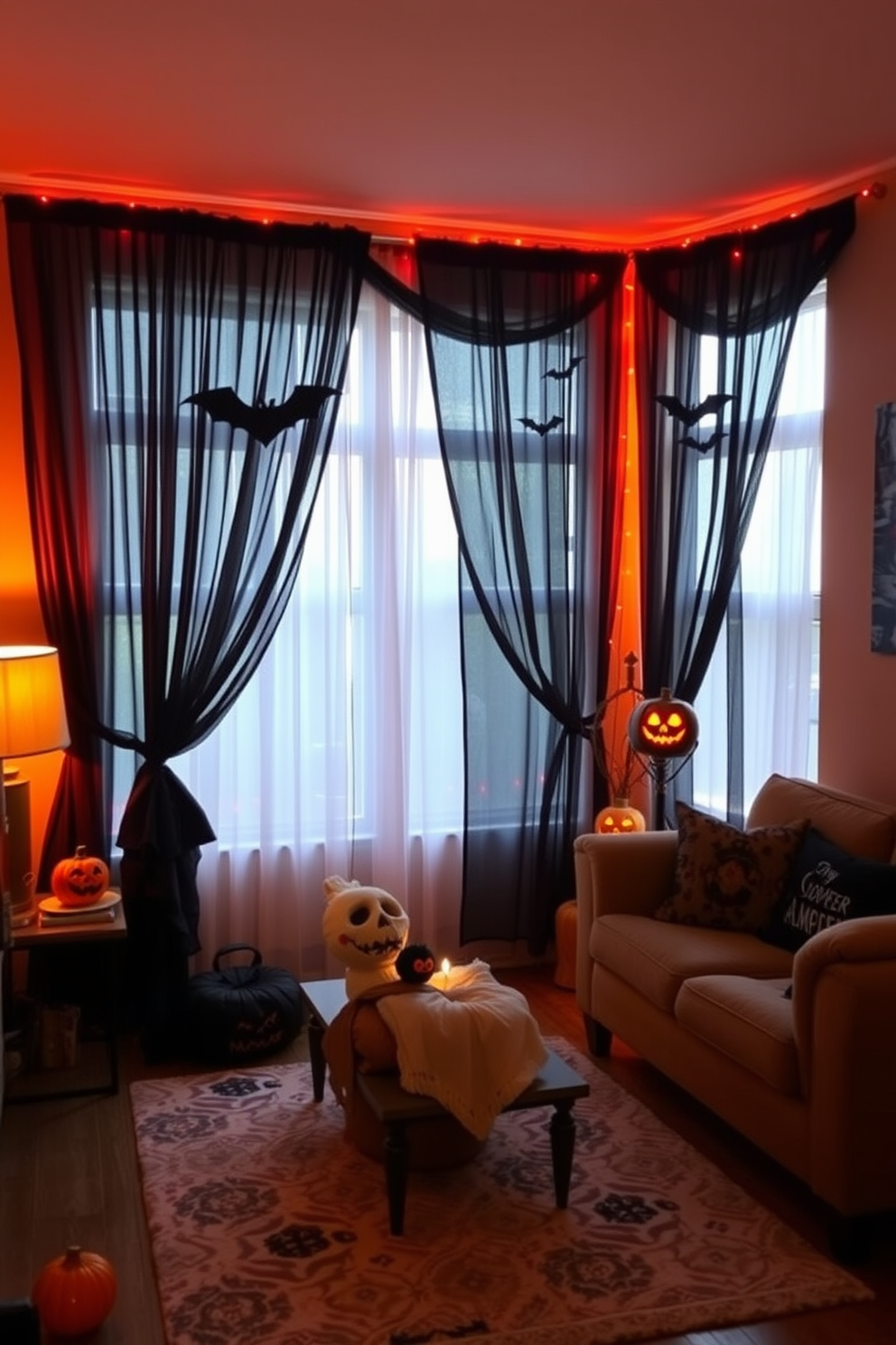 A cozy Halloween-themed living room adorned with dark curtains featuring spooky motifs. The room is illuminated by soft orange lighting, creating an inviting atmosphere perfect for the season.