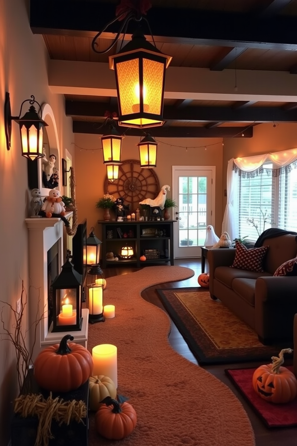 Charming lanterns cast a warm glow along the winding pathways of a cozy Halloween-themed living room. The space is adorned with playful decorations, including whimsical ghosts and pumpkins, creating a festive atmosphere for gatherings.