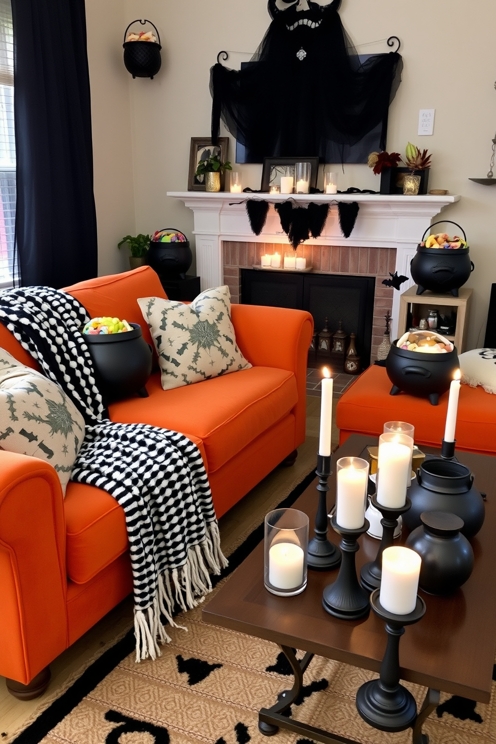 A cozy Halloween-themed living room adorned with decorative cauldrons filled with assorted treats. The space features a plush orange sofa draped with a black and white striped throw blanket, and a coffee table surrounded by flickering candles in spooky holders.