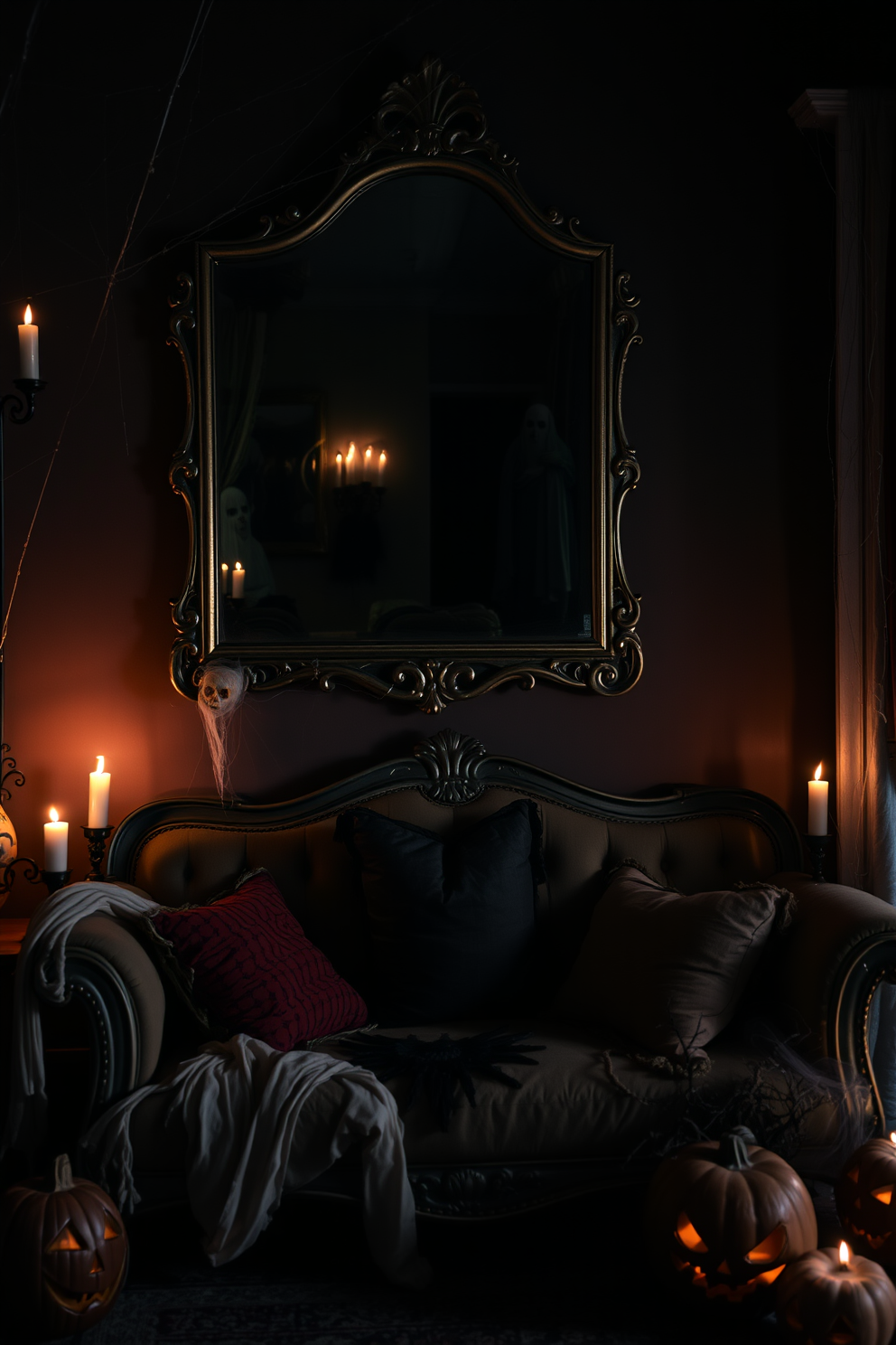 A haunted mirror hangs on the wall, its surface reflecting eerie and distorted images. The living room is dimly lit, with flickering candles casting shadows that dance across the walls, enhancing the spooky atmosphere. A vintage sofa is adorned with tattered cushions in dark colors, while cobwebs drape from the corners of the room. Pumpkins with sinister faces are scattered around, and a ghostly figure can be seen peeking from behind a curtain, adding to the Halloween spirit.