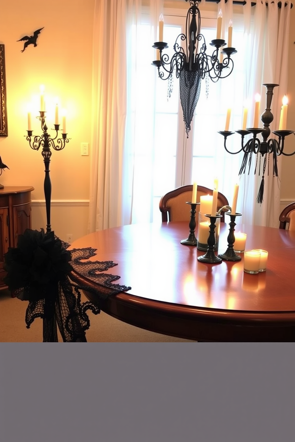 Chic black lace tablecloths drape elegantly over a polished wooden dining table. Soft candlelight flickers from ornate candelabras, casting a warm glow across the room, enhancing the Halloween atmosphere.