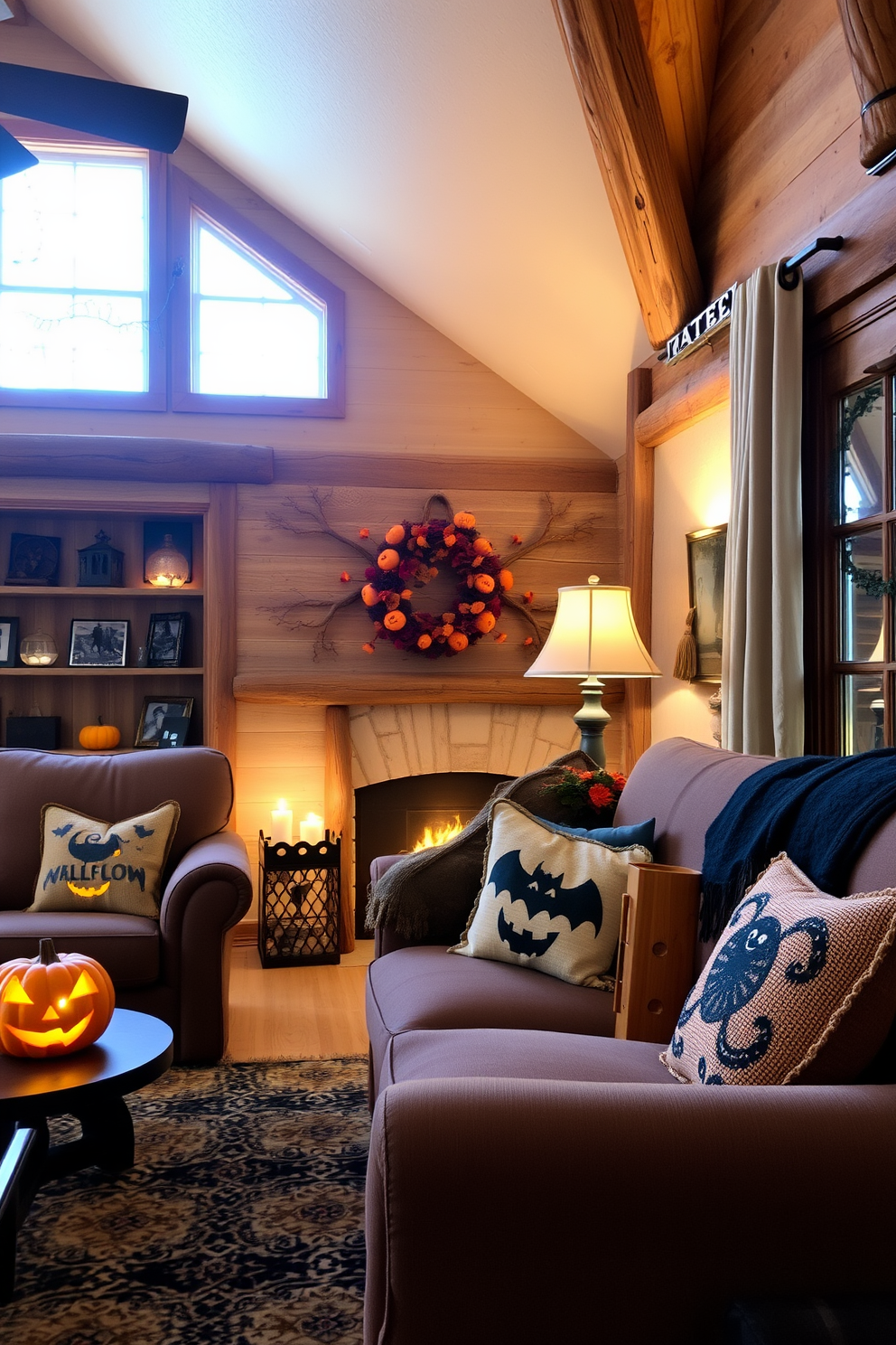 A cozy living room featuring rustic wood accents and warm lighting. The space is adorned with Halloween decor, including carved pumpkins and spooky-themed throw pillows.