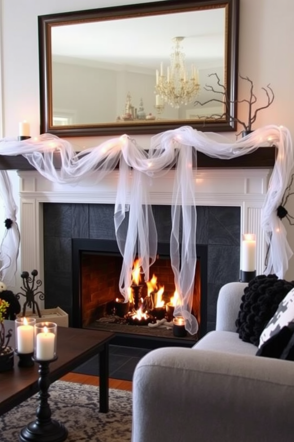 A cozy Halloween living room adorned with ghostly garlands draped across the mantel. The garlands are made of sheer white fabric, creating an ethereal effect, while flickering candles in black holders add a warm glow to the space.