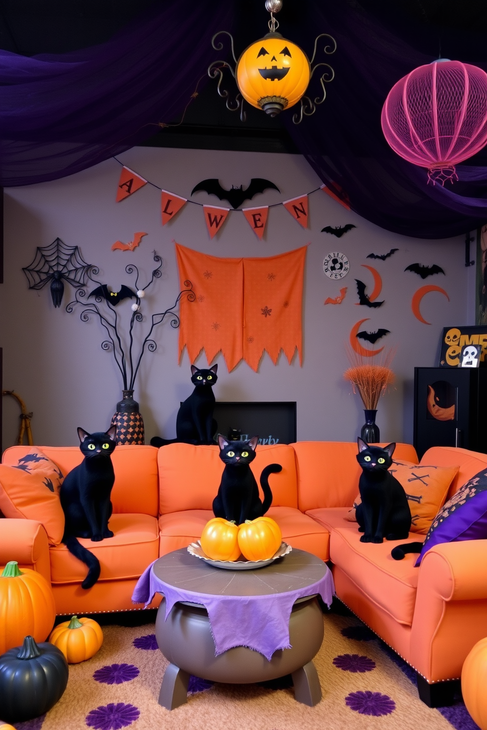 A whimsical Halloween-themed living room featuring playful black cats as decorative pieces. The room is adorned with orange and purple accents, with cozy seating surrounded by festive decorations that evoke a fun and spooky atmosphere.