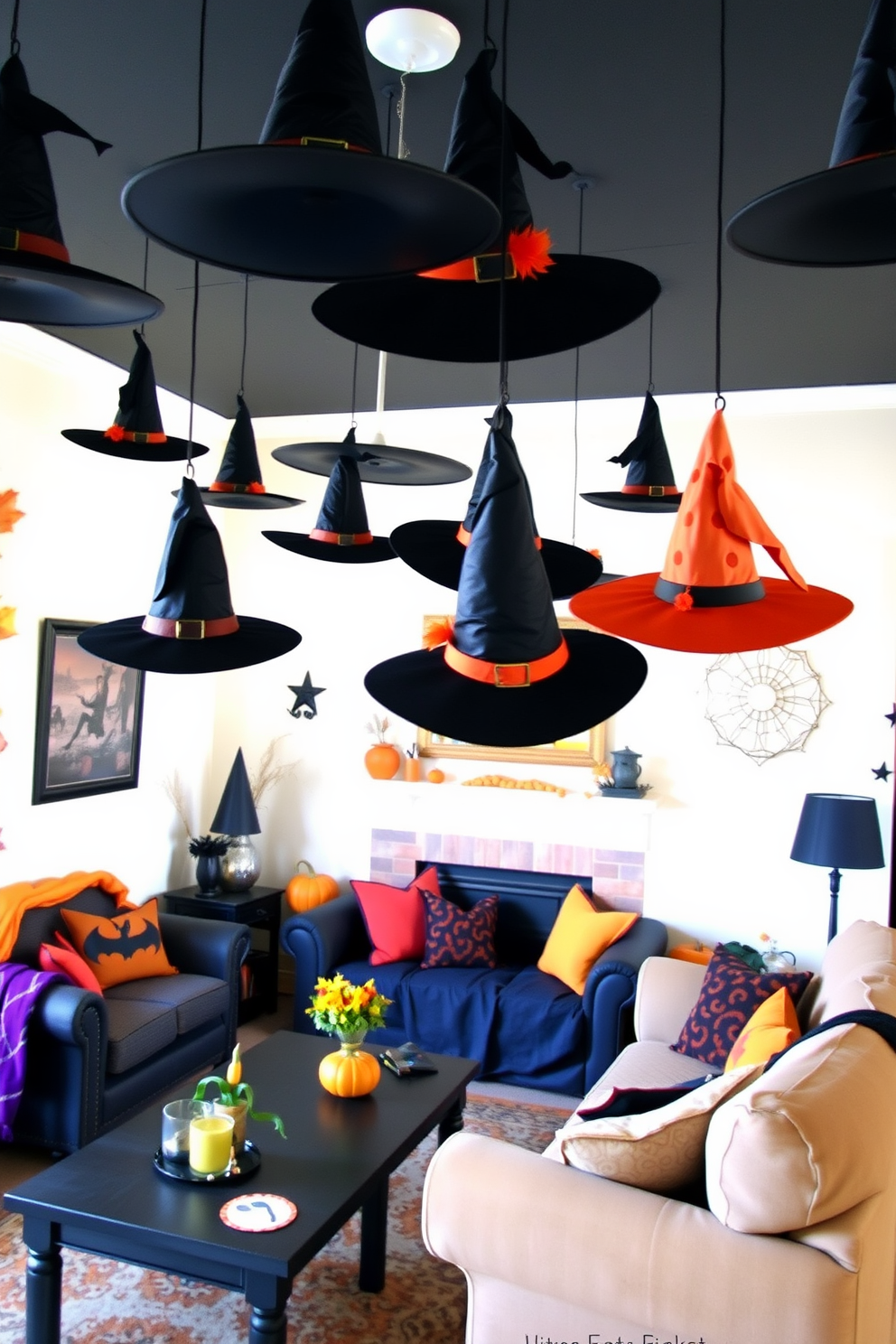 A cozy Halloween-themed living room features witch hats hanging from the ceiling, creating a whimsical atmosphere. The walls are adorned with spooky artwork and the furniture is dressed in autumnal colors to complement the festive decor.