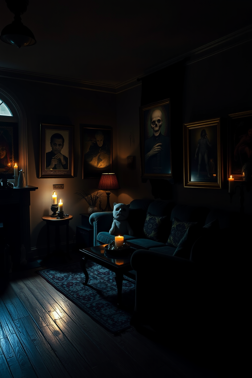 Creepy artwork adorns the walls of a dimly lit living room, creating an eerie atmosphere perfect for Halloween. Shadows dance across the room as flickering candlelight highlights the chilling details of the art pieces.