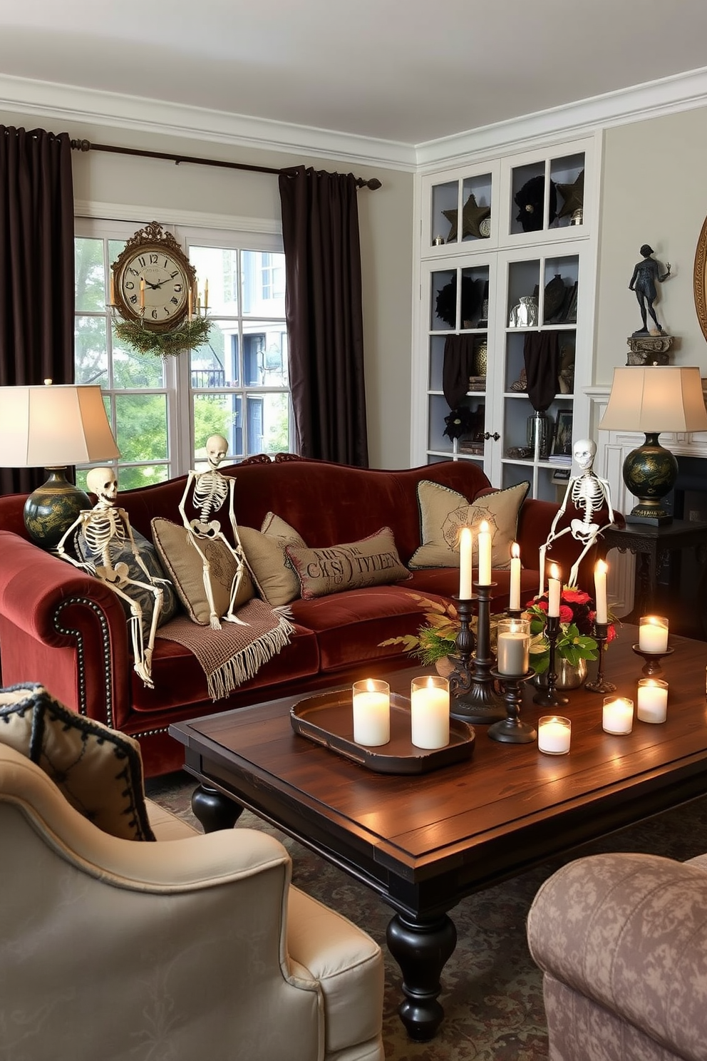 A cozy Halloween living room adorned with vintage skeletons artfully perched on elegant furniture. The space features a rich velvet sofa draped with autumn-themed throws and a rustic coffee table surrounded by flickering candlelight.