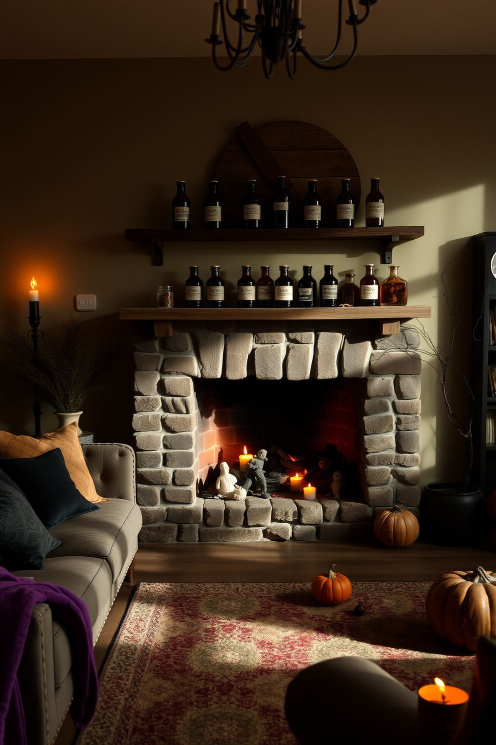 A cozy Halloween living room adorned with mysterious potion bottles displayed on rustic wooden shelves. Soft, dim lighting casts shadows, enhancing the enchanting atmosphere with hints of orange and purple decor.