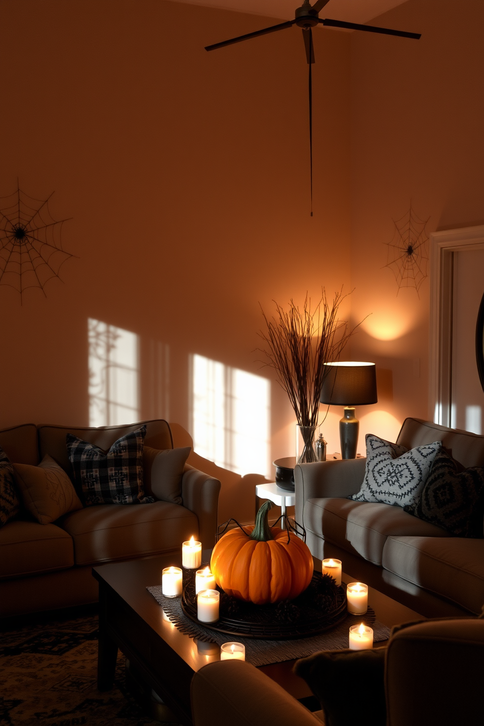 A cozy living room adorned for Halloween features soft, dim lighting that casts shadows across the room. In the corners, intricate spider webs stretch from the ceiling to the walls, adding a spooky touch to the decor. The furniture is arranged to create an inviting atmosphere, with plush seating and seasonal throw pillows. A decorative pumpkin centerpiece sits on the coffee table, surrounded by flickering candles to enhance the festive ambiance.