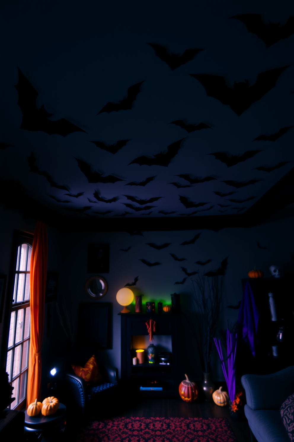 Spooky bat silhouettes are scattered across the walls, creating an eerie atmosphere perfect for Halloween. The loft features dim lighting and dark decor to enhance the haunting vibe, with accents of orange and purple for a festive touch.