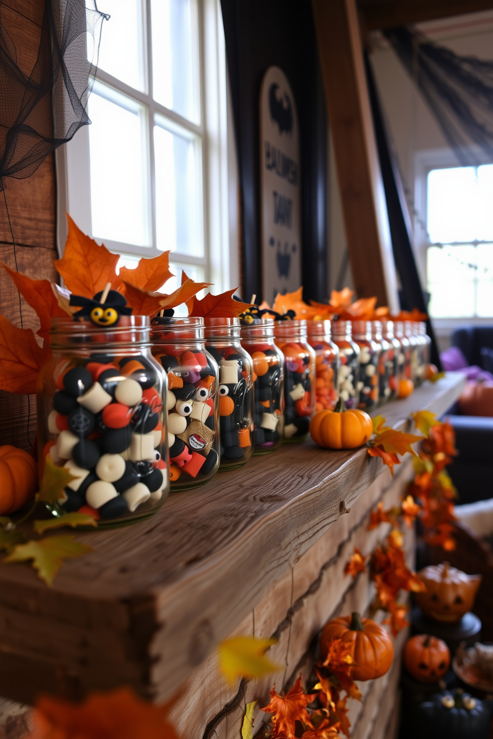 A cozy loft space decorated for Halloween featuring mason jars filled with spooky treats. The jars are arranged on a rustic wooden shelf adorned with autumn leaves and small pumpkins, creating a festive atmosphere.