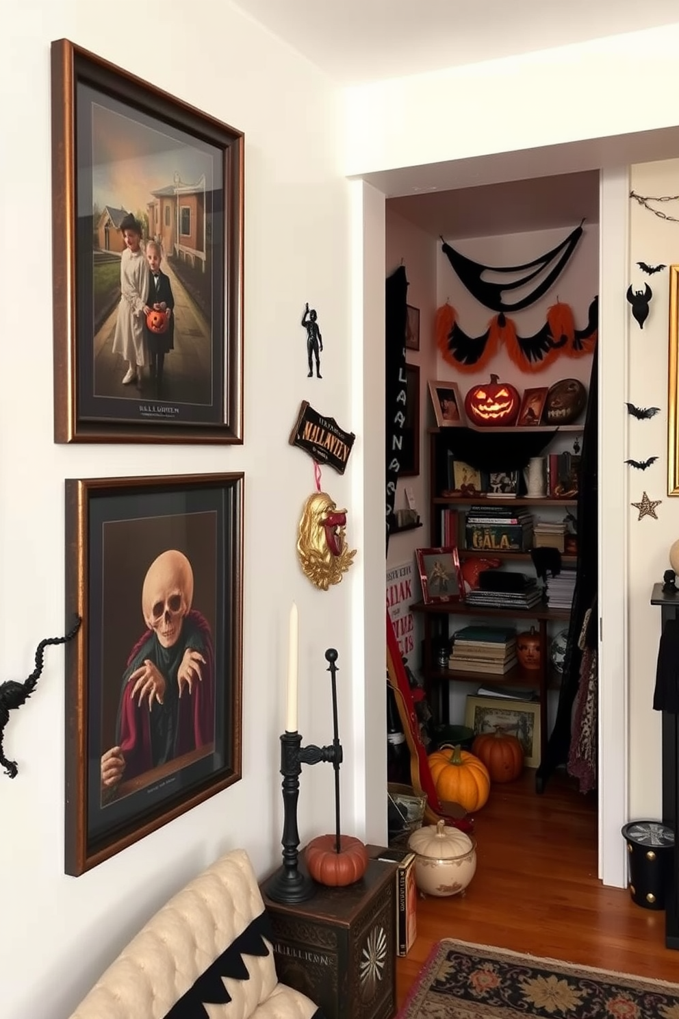 A cozy loft decorated for Halloween features framed vintage postcards showcasing classic Halloween imagery. The walls are adorned with a mix of spooky and charming decorations, creating a festive atmosphere perfect for the season.