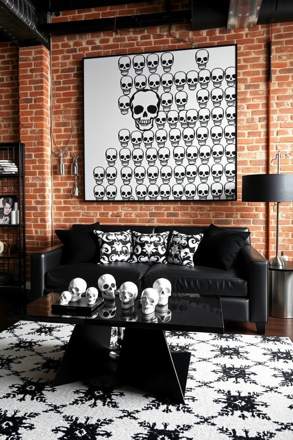 Chic black and white skull decor adorns the walls of a modern loft, creating a striking contrast against the industrial-style exposed brick. A sleek black coffee table is topped with white skull figurines, while a black and white patterned rug anchors the space, adding a touch of elegance to the Halloween theme.