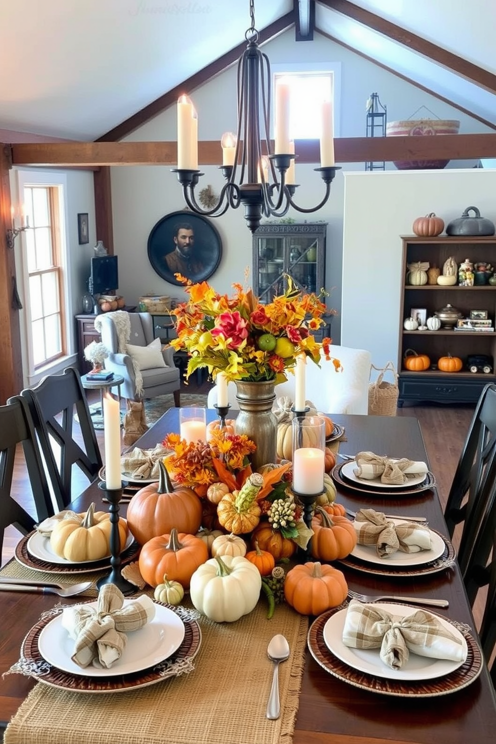 A cozy loft setting adorned with harvest-themed centerpieces featuring an array of colorful gourds and pumpkins. The dining table is beautifully set with rustic elements like burlap runners and candles, creating a warm and inviting atmosphere for Halloween gatherings.