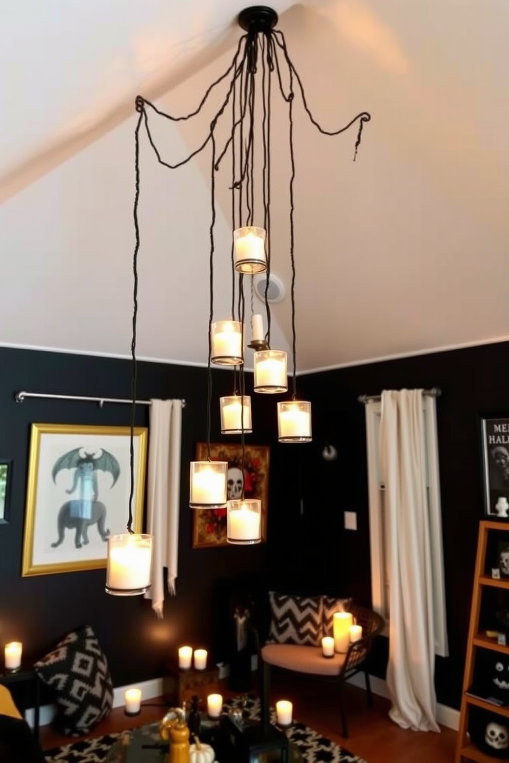 Create a cozy loft space decorated for Halloween. The room features floating candles suspended from the ceiling, casting a warm glow against the dark walls adorned with spooky artwork.