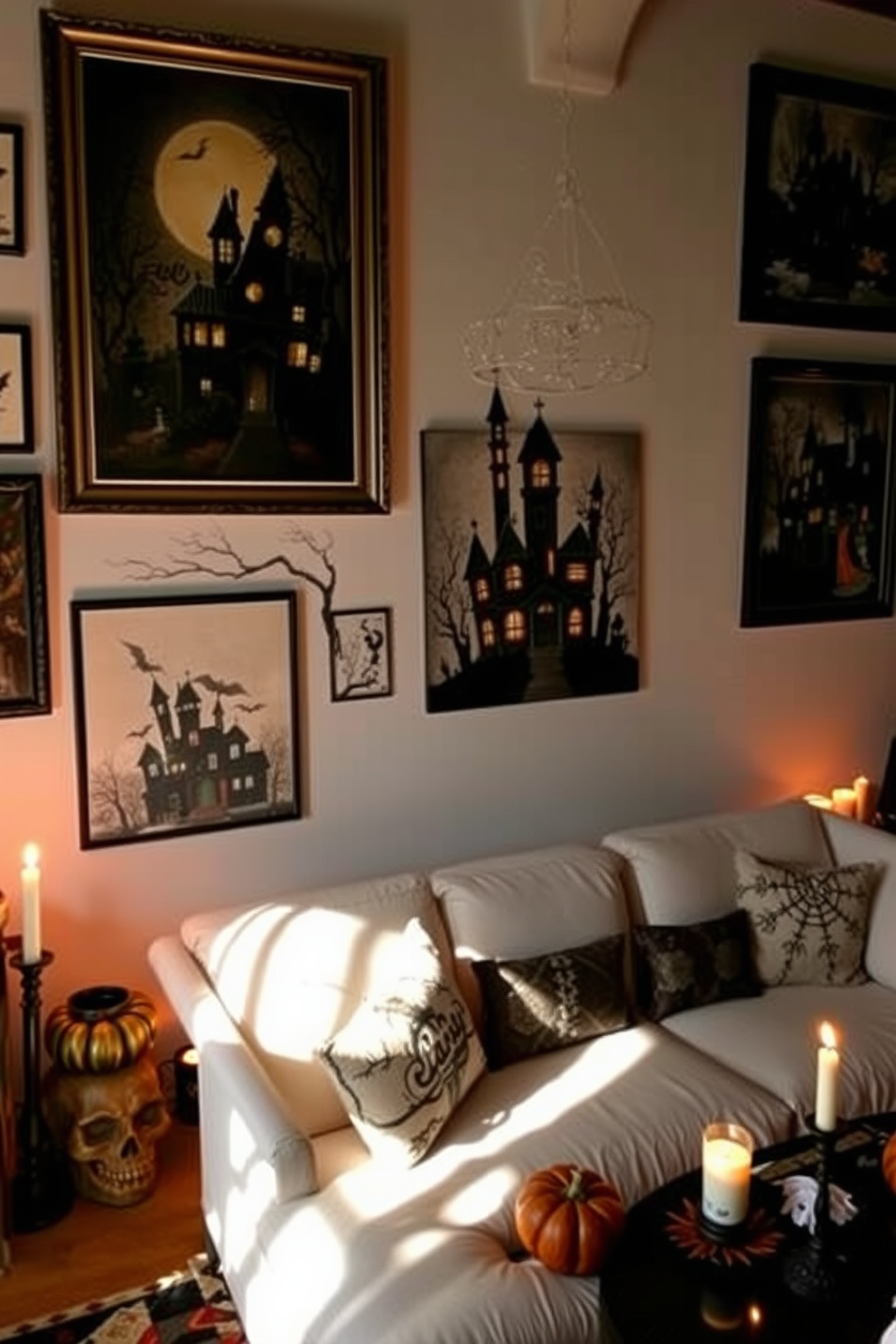 A cozy loft decorated for Halloween features spooky artwork showcasing haunted houses. The walls are adorned with eerie paintings and prints, while flickering candlelight casts haunting shadows throughout the space.