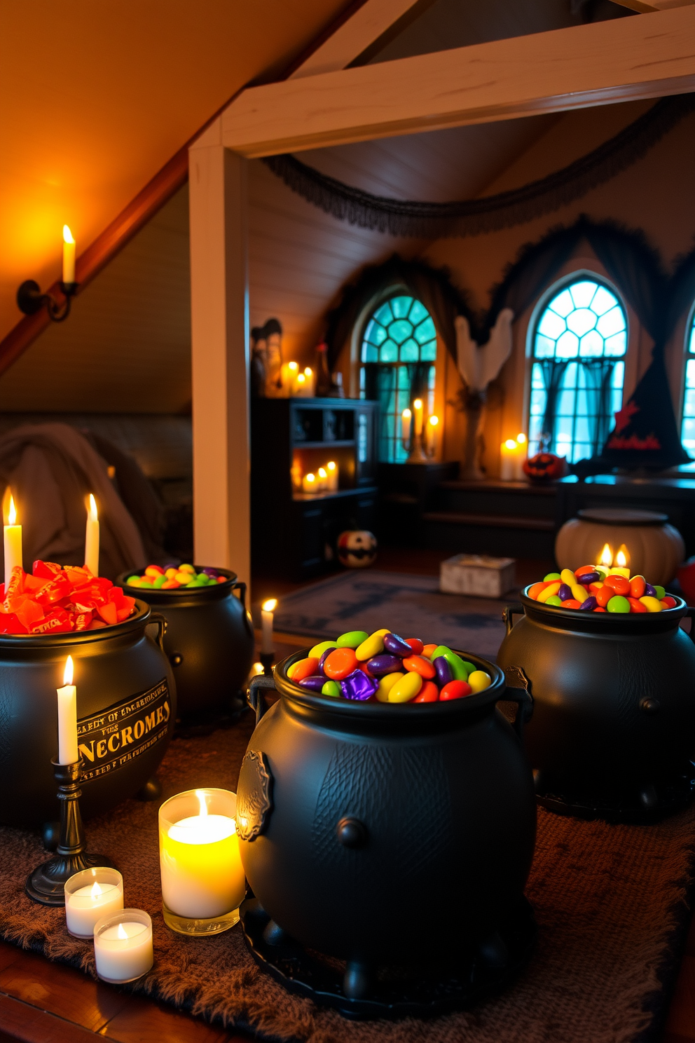 A whimsical loft decorated for Halloween features decorative cauldrons filled with an assortment of colorful candies. The space is illuminated with soft, flickering candlelight, creating a cozy yet spooky atmosphere.