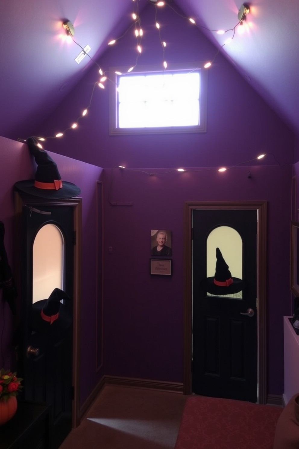 A cozy loft space adorned with witch hat accents on the doorways creates a whimsical Halloween atmosphere. The walls are painted in deep purple, and string lights twinkle softly above, adding a warm glow to the festive decor.