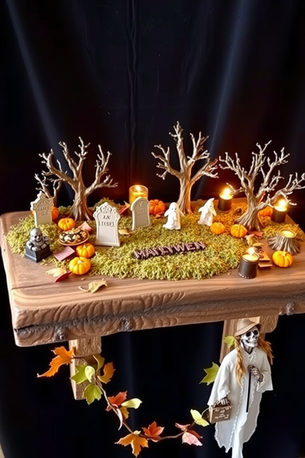 A miniature graveyard scene is carefully arranged on a rustic wooden shelf. The display features tiny tombstones, eerie trees, and miniature ghosts, all surrounded by a soft glow from flickering LED candles. The shelf is adorned with autumn leaves and small pumpkins to enhance the Halloween theme. A backdrop of dark velvet fabric adds depth and mystery to the overall setting.