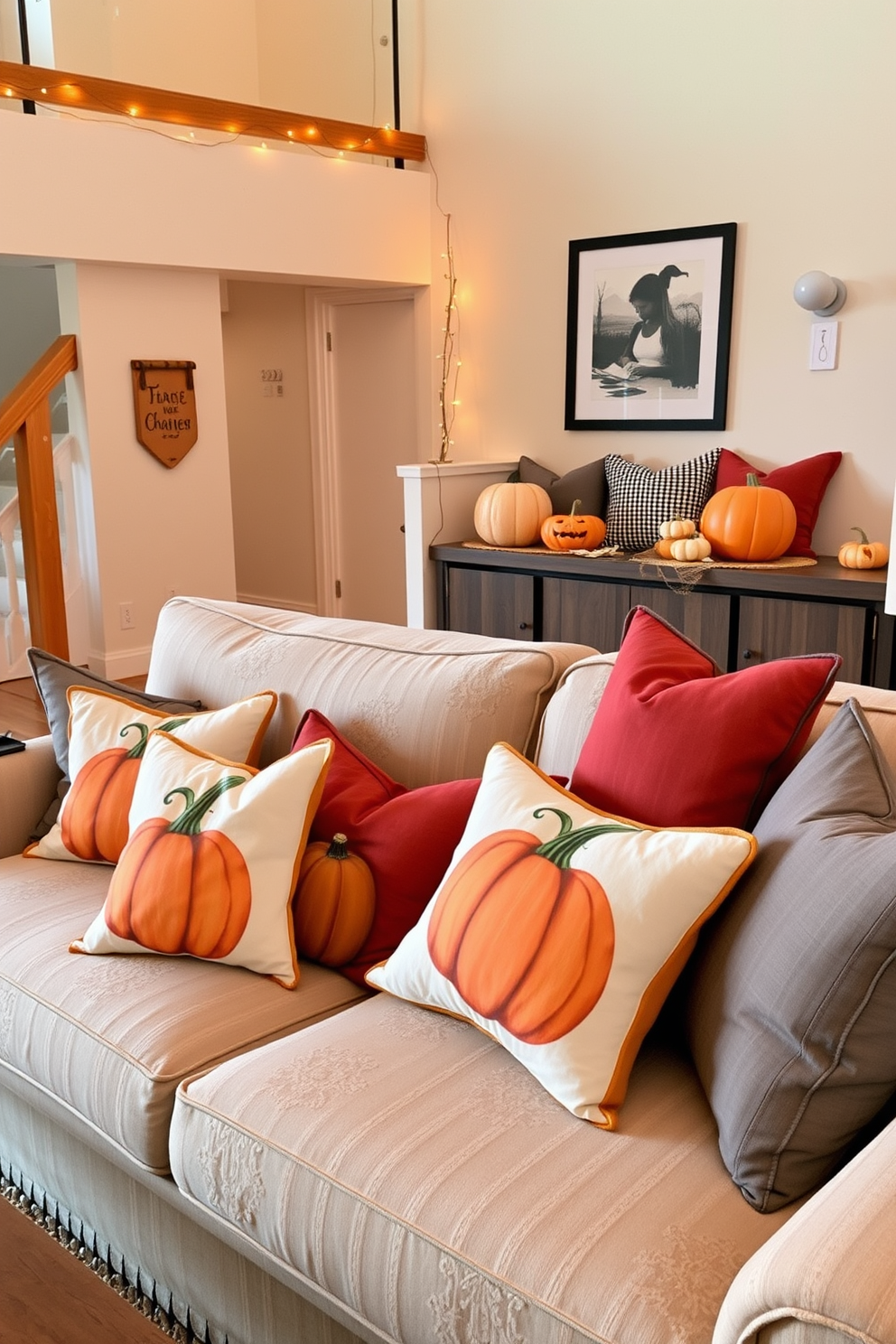 A cozy loft living room adorned with pumpkin-themed throw pillows scattered across a plush sofa. The warm autumn colors create a festive atmosphere, complemented by subtle Halloween decorations like miniature pumpkins and string lights.