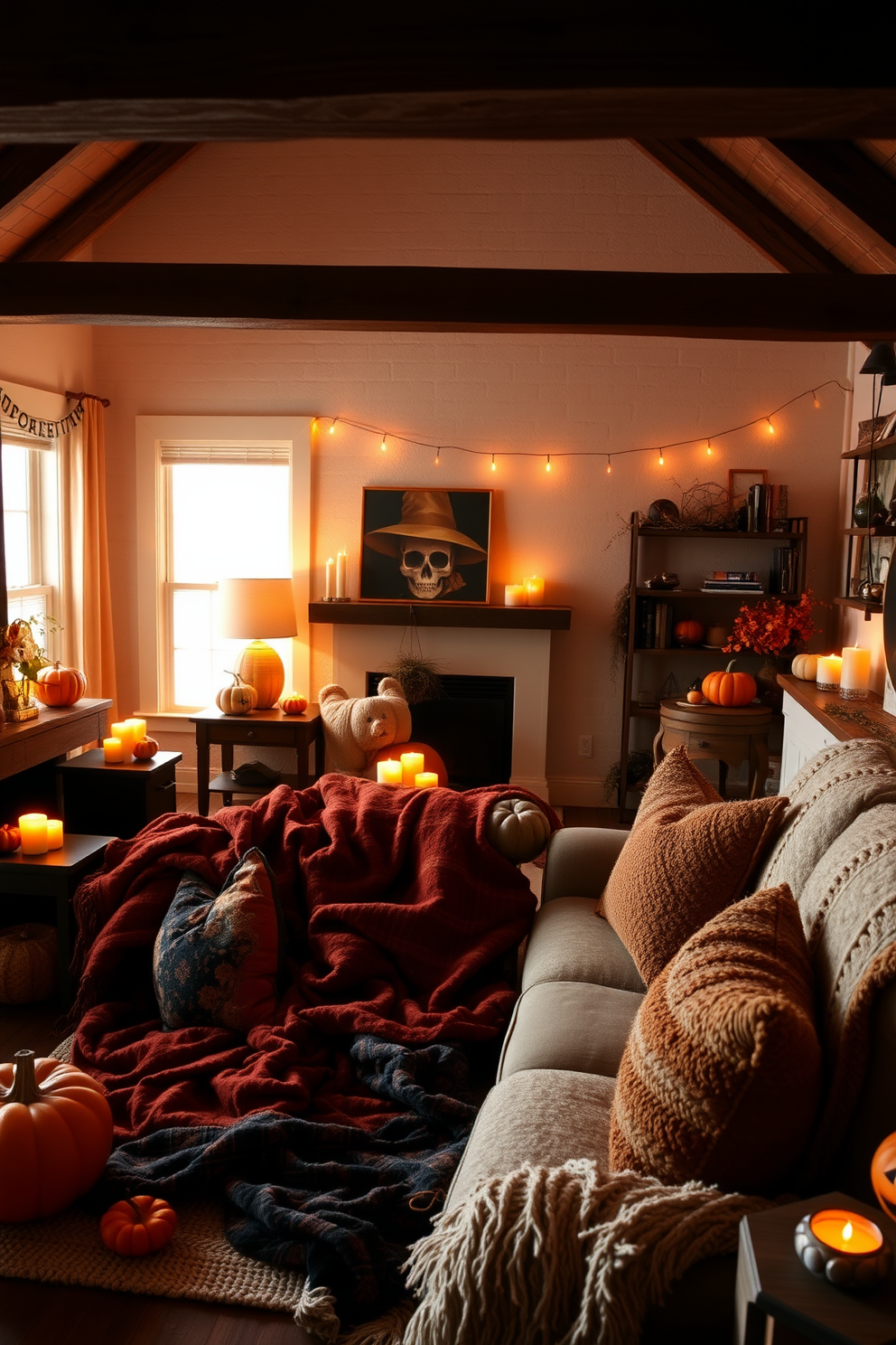 A cozy loft space decorated for Halloween. The room features warm lighting with pumpkin candles placed on various surfaces, creating a festive atmosphere. Rich autumn colors dominate the decor, with deep oranges, browns, and golds accentuating the space. Plush throw blankets and seasonal pillows are scattered across the seating area, inviting relaxation and celebration.