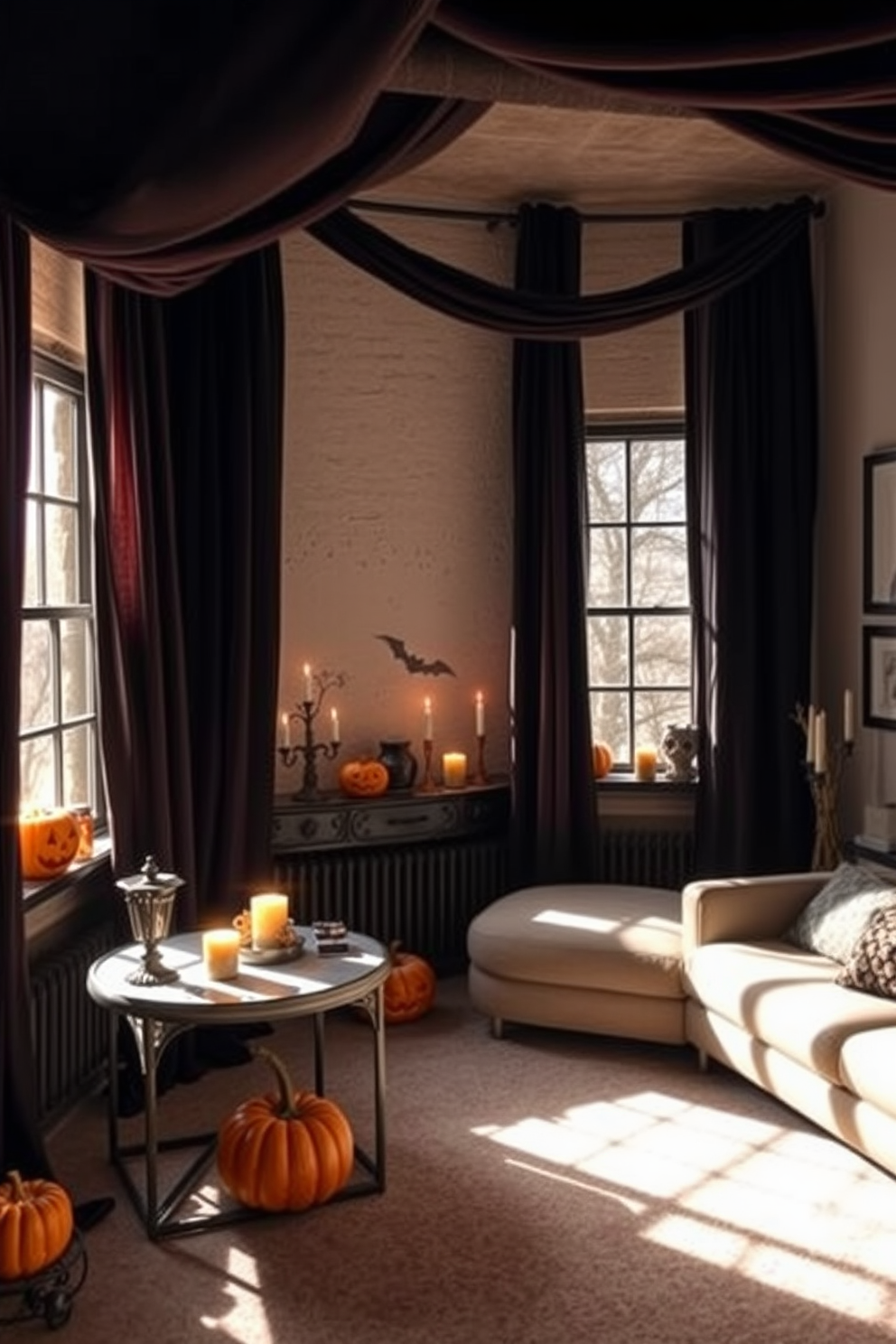 A cozy loft decorated for Halloween features dark velvet curtains that drape elegantly from the ceiling to the floor. The rich texture of the curtains adds warmth to the space, creating an inviting atmosphere perfect for the season. Spooky accents are scattered throughout the loft, including carved pumpkins on the windowsills and eerie candle arrangements on the tables. Soft lighting enhances the ambiance, casting playful shadows that dance across the walls, completing the festive look.