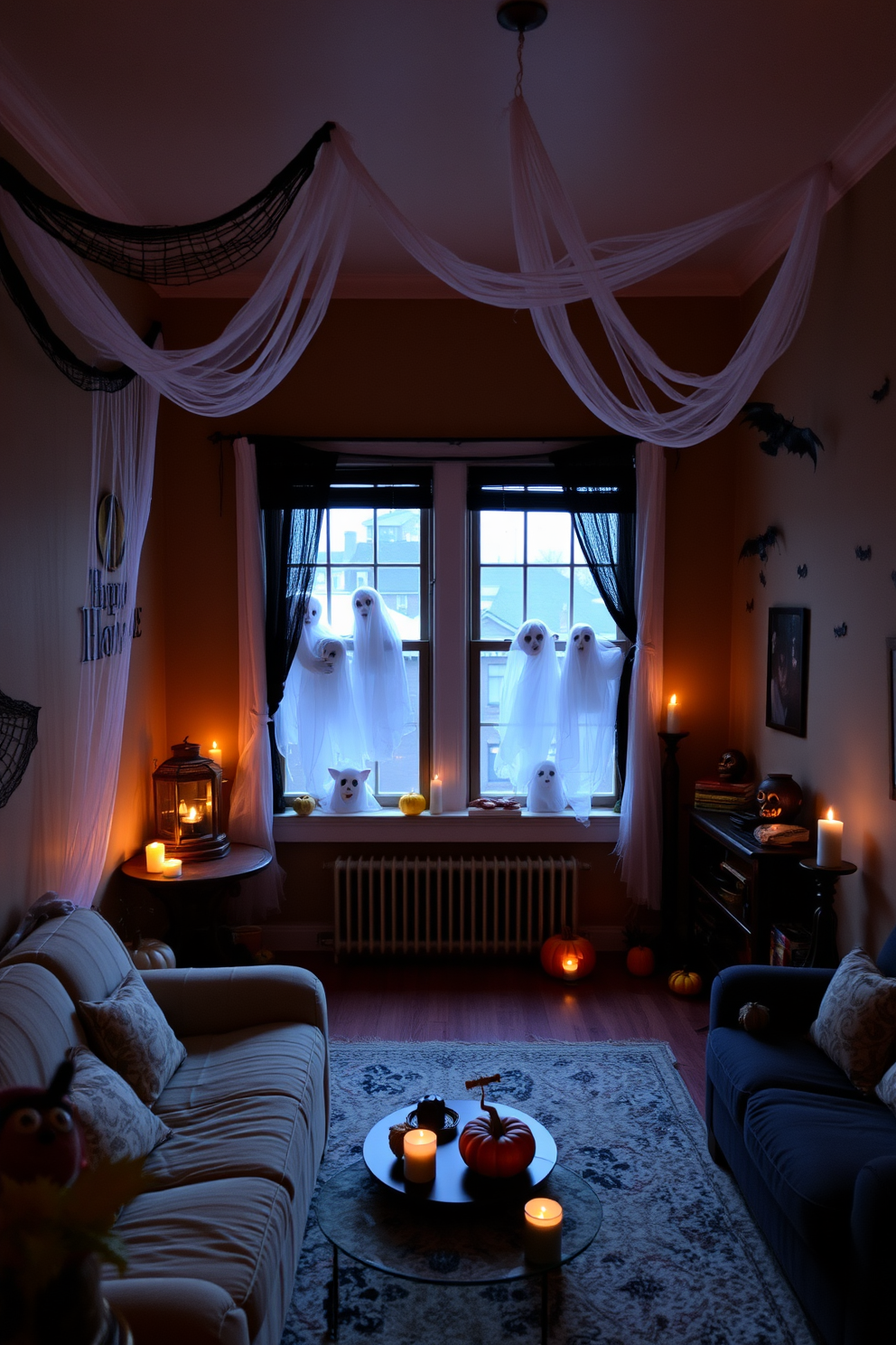 A cozy loft decorated for Halloween features ghostly figures peeking from the windows. The space is adorned with whimsical decorations like cobwebs, pumpkins, and flickering candles, creating a spooky yet inviting atmosphere.