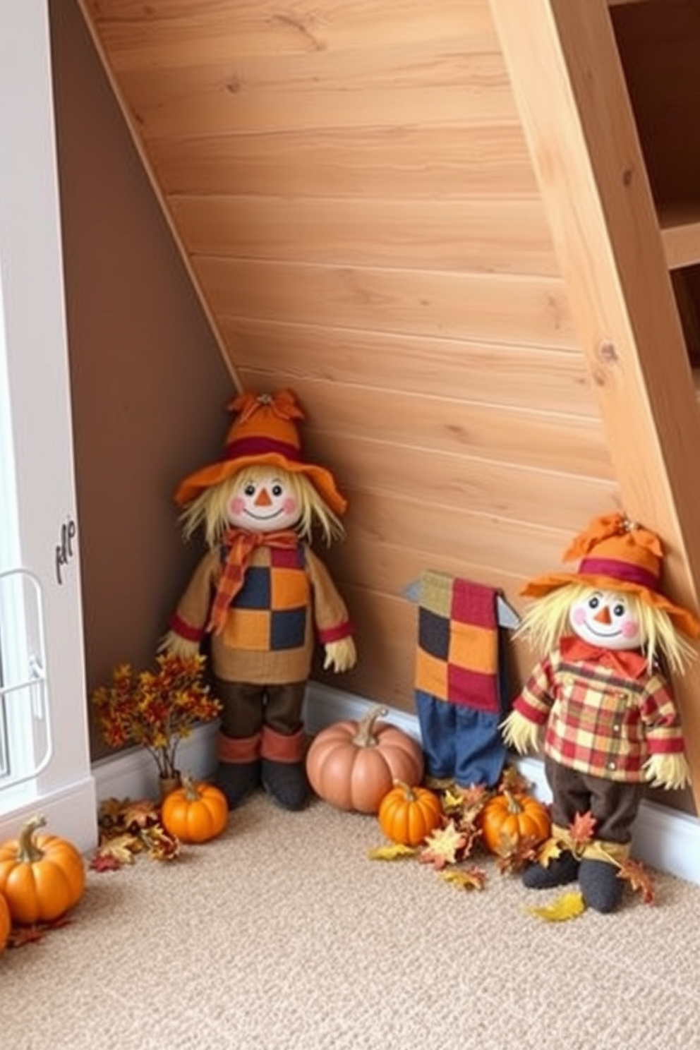 Charming scarecrow decorations are placed in the corners of a cozy loft space. Each scarecrow features a friendly smile, dressed in colorful patchwork clothing, surrounded by autumn leaves and small pumpkins.