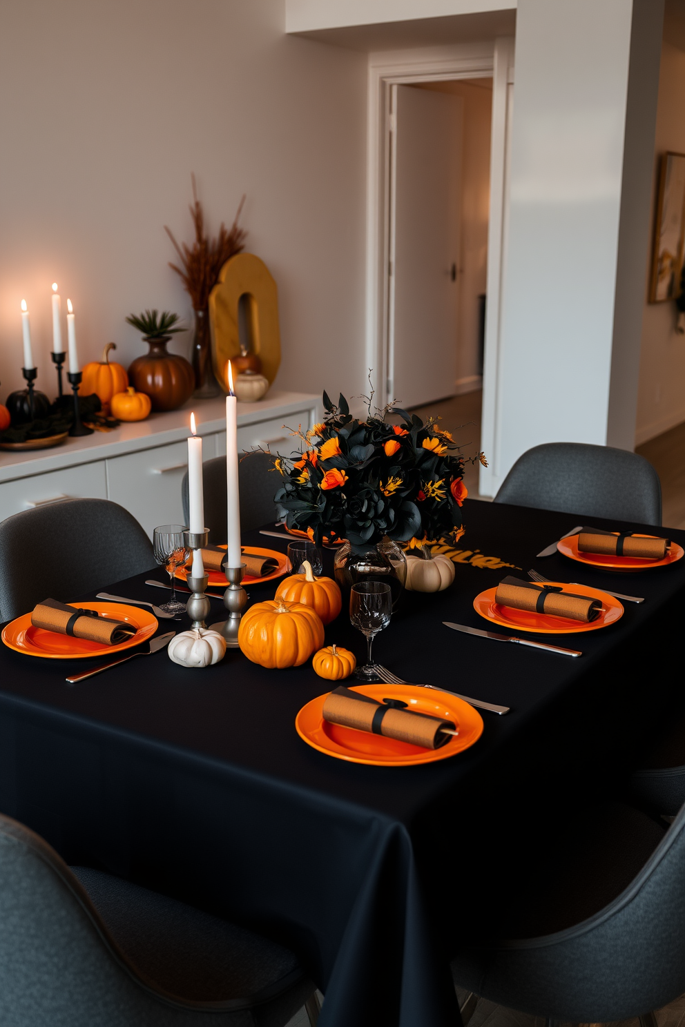 A stylish black and orange table setting features a sleek black tablecloth adorned with vibrant orange plates and matching cutlery. Flickering candle holders in varying heights create a warm ambiance, while decorative pumpkins and autumn leaves add a festive touch. The centerpiece showcases an elegant arrangement of black and orange flowers in a chic vase. Soft, ambient lighting enhances the Halloween theme, making the loft feel inviting and stylish for the occasion.