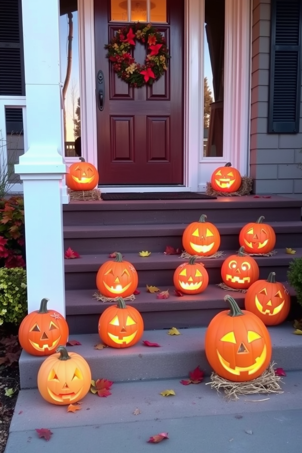 Whimsical pumpkin lanterns are arranged on the steps leading to the front door, casting a warm glow in the evening light. Each lantern is uniquely carved with playful faces, surrounded by colorful autumn leaves and small hay bales for a festive touch.